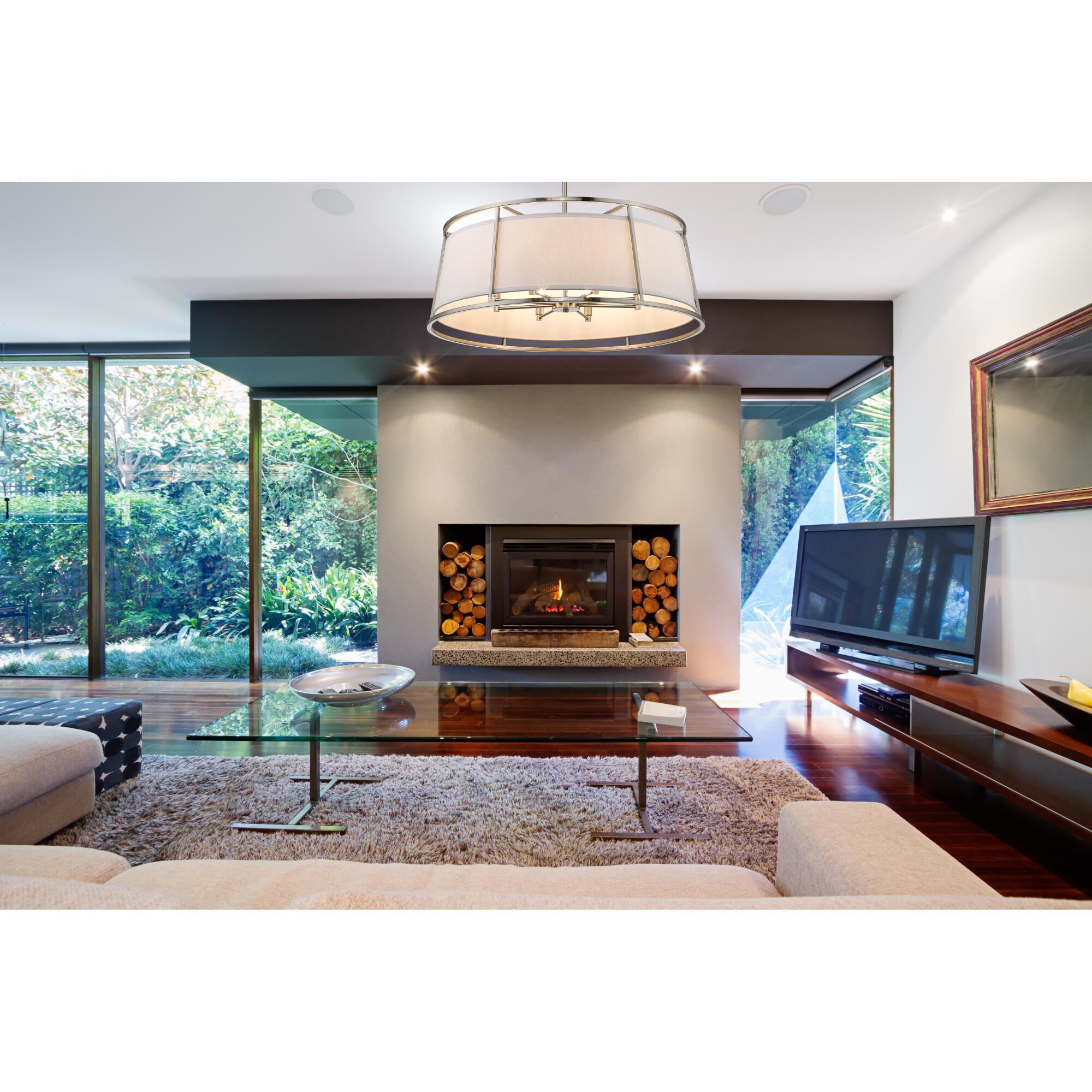 Shown in Brushed Nickel finish and Fabric glass and Fabric shade