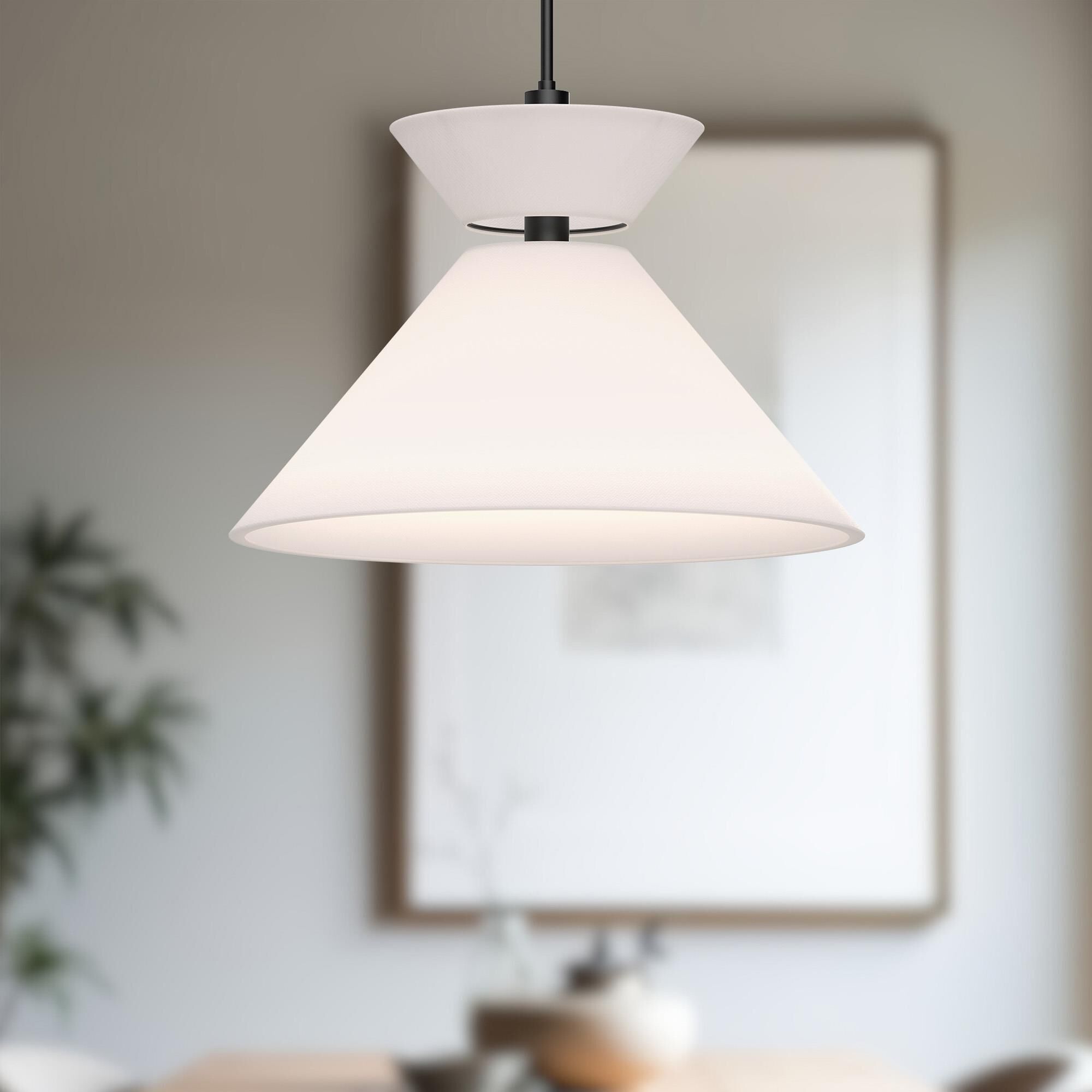 Shown in Matte Black finish and White Linen shade