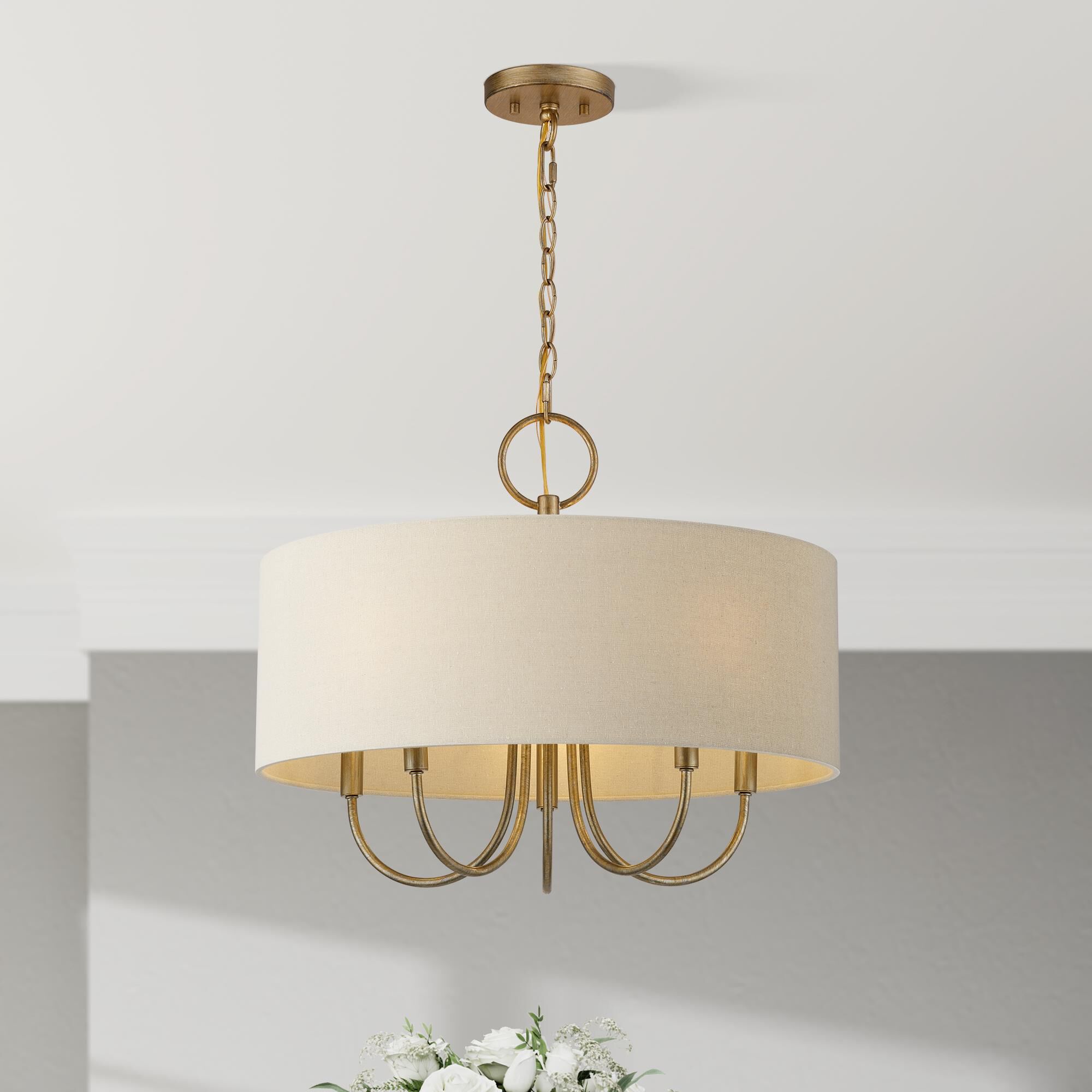 Shown in Antique Gold Leaf finish and Hand Crafted Parchment Color Hardback Fabric shade