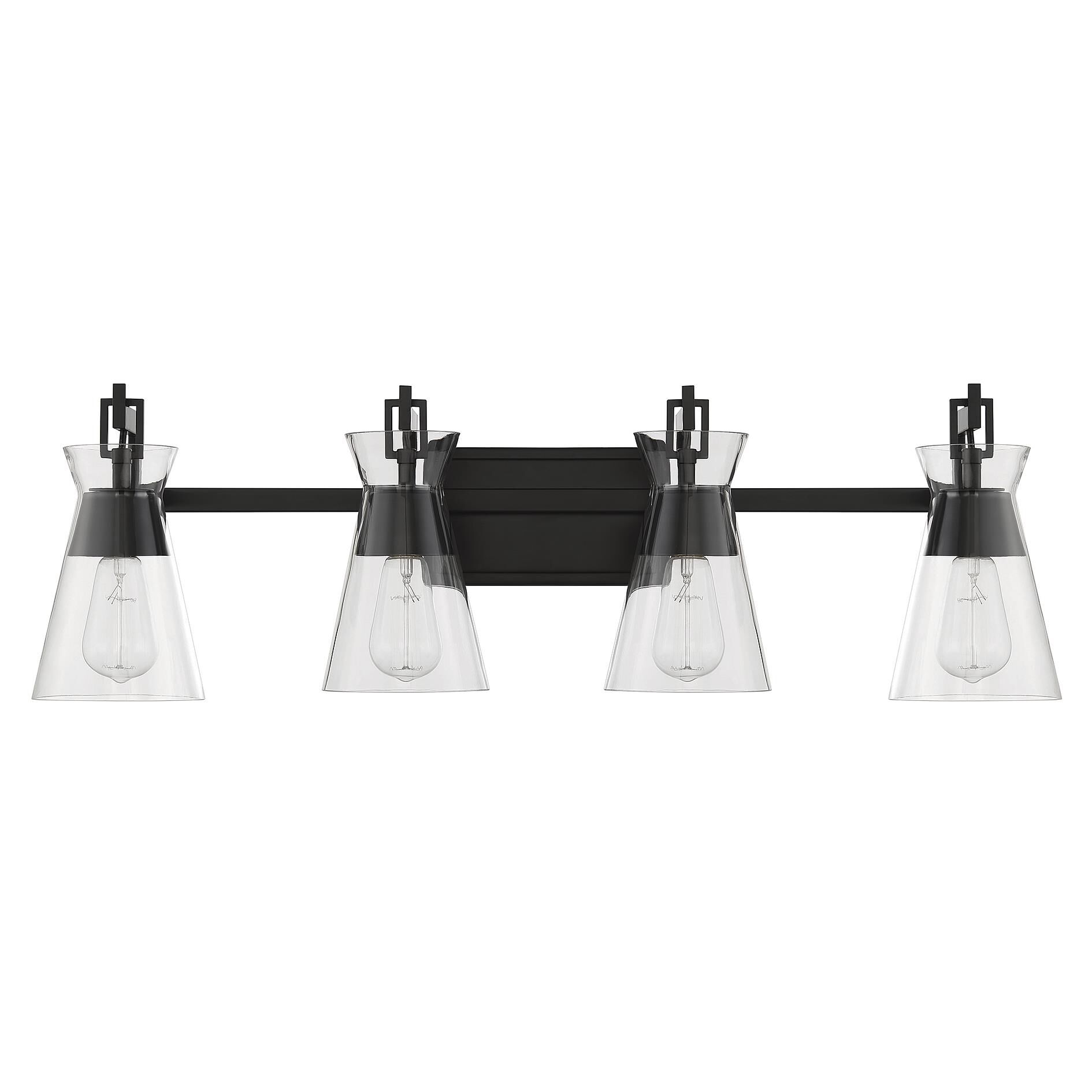 Shown in Matte Black finish and Clear glass and Glass shade