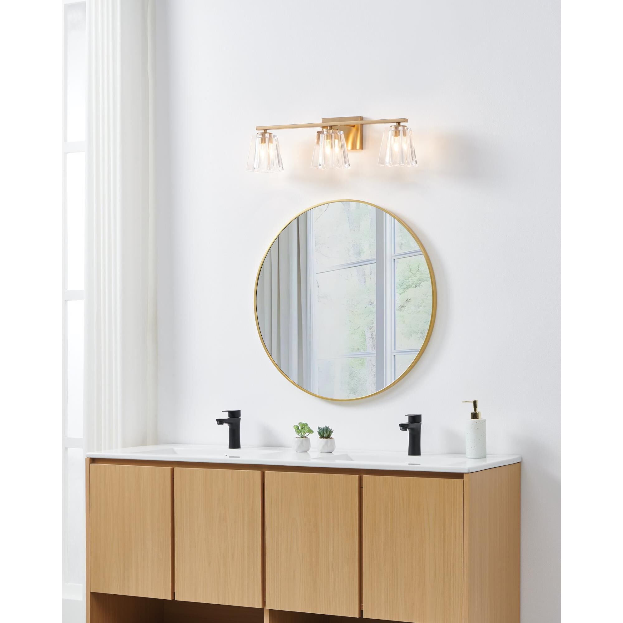 Shown in Champagne Gold finish and Clear Pressed glass