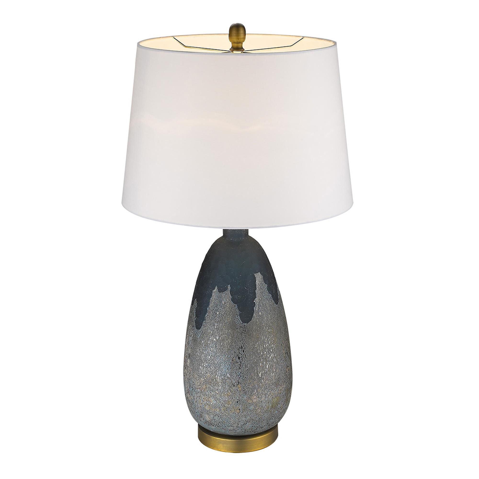 Shown in Brass finish and Cream glass and Cream Linen Tapered Drum shade