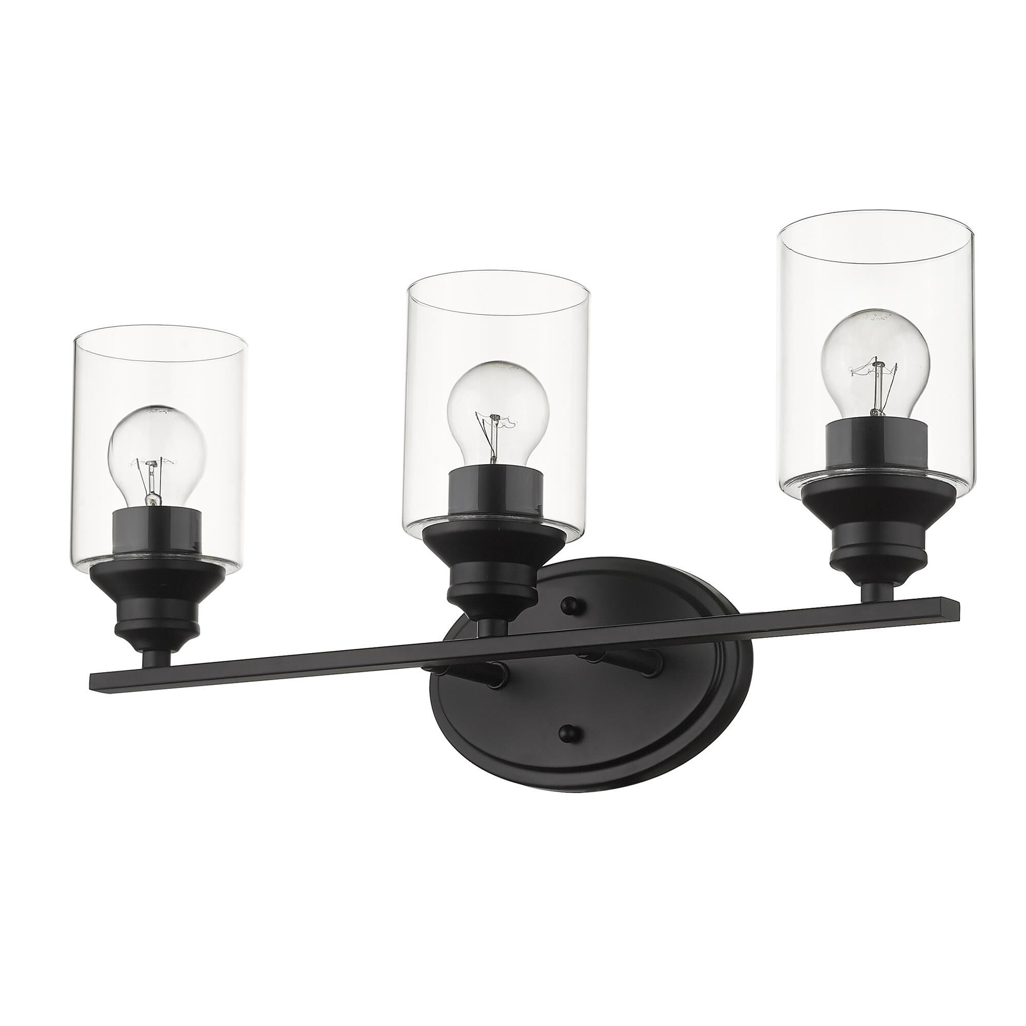 Shown in Matte Black finish and Clear glass and Clear, Cylindrical Glass s shade