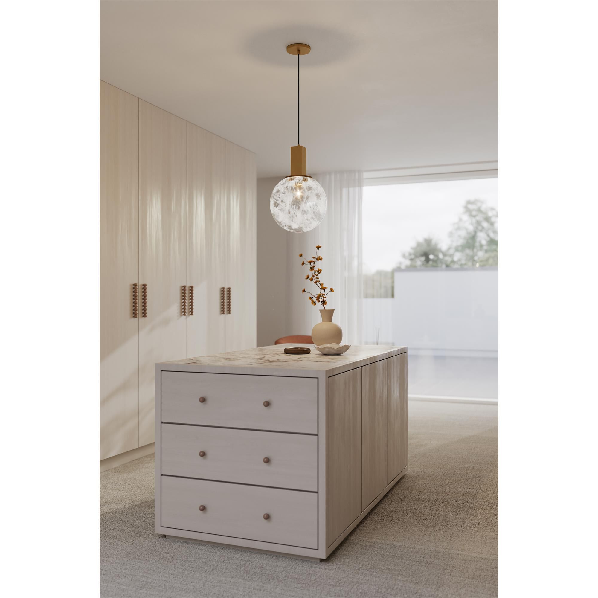 Shown in Legacy Brass finish and White Bubble glass