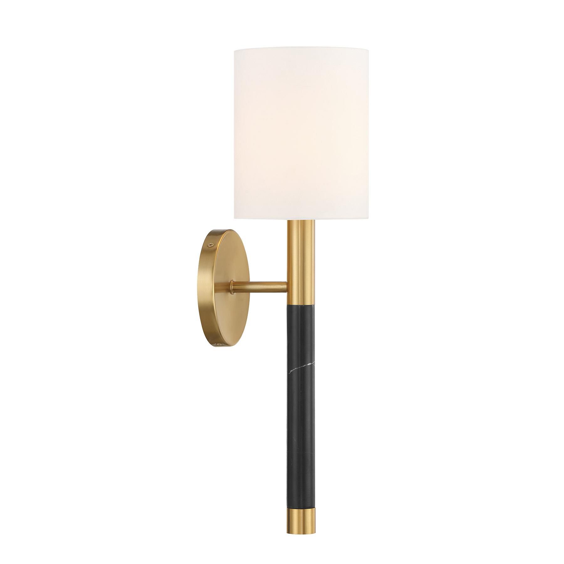 Shown in Warm Brass finish and White Fabric shade and Black Marble accent
