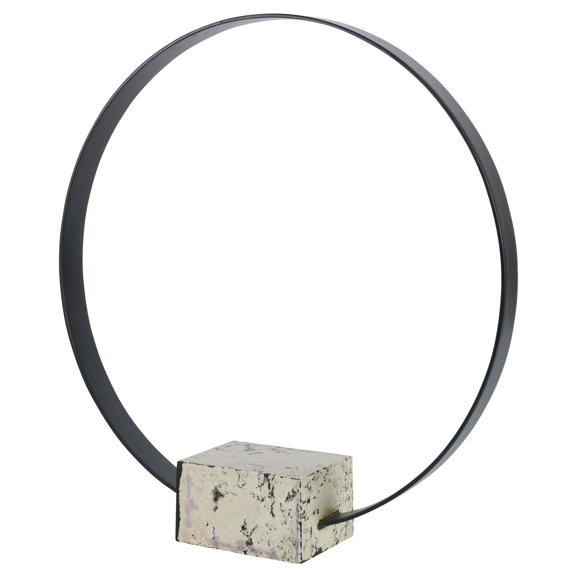 Shown in This Circular Metal Sculpture Is Finished In A Brushed Satin Black Anchored By A Natural White Coral finish