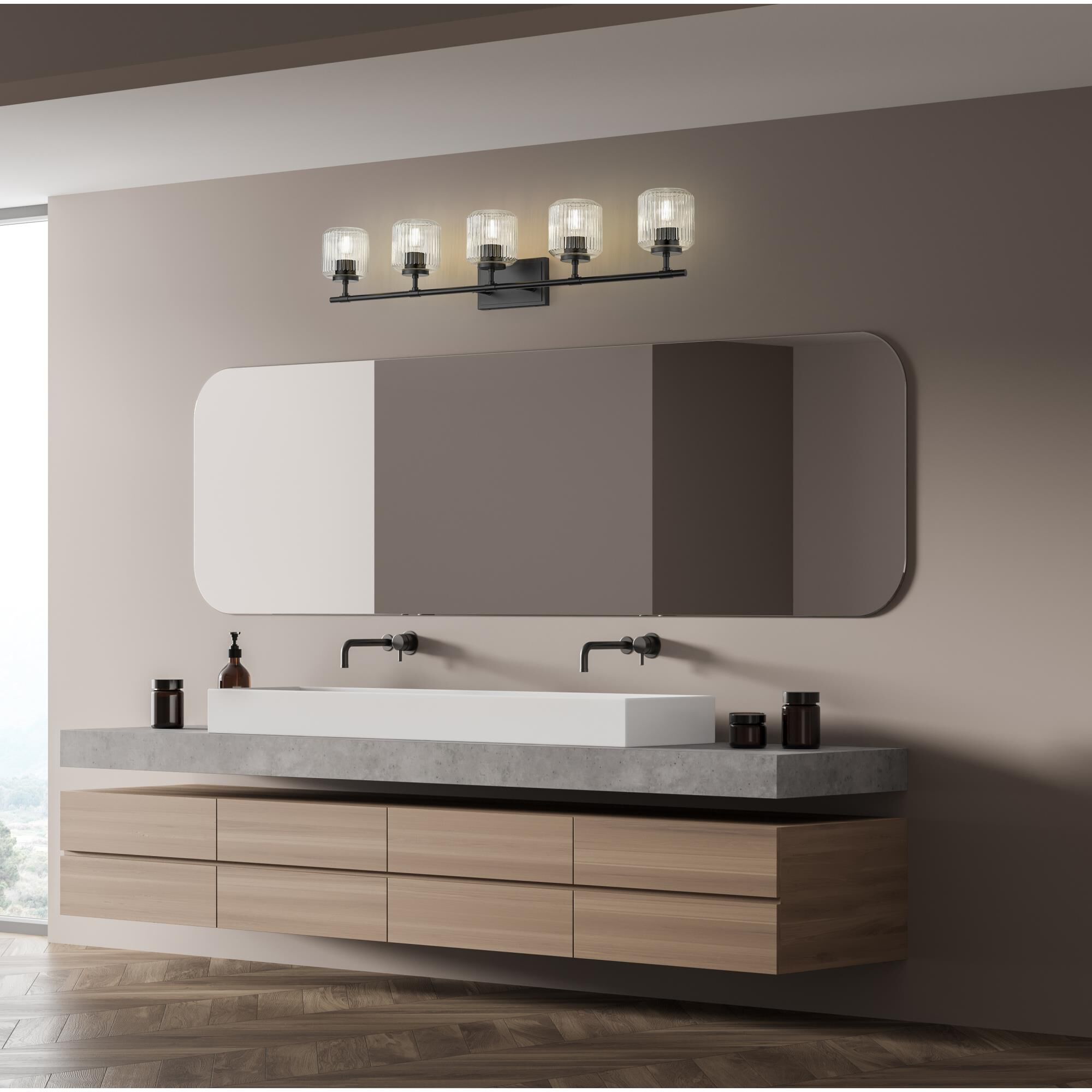 Shown in Matte Black finish and Clear Ribbed glass and Clear Ribbed shade