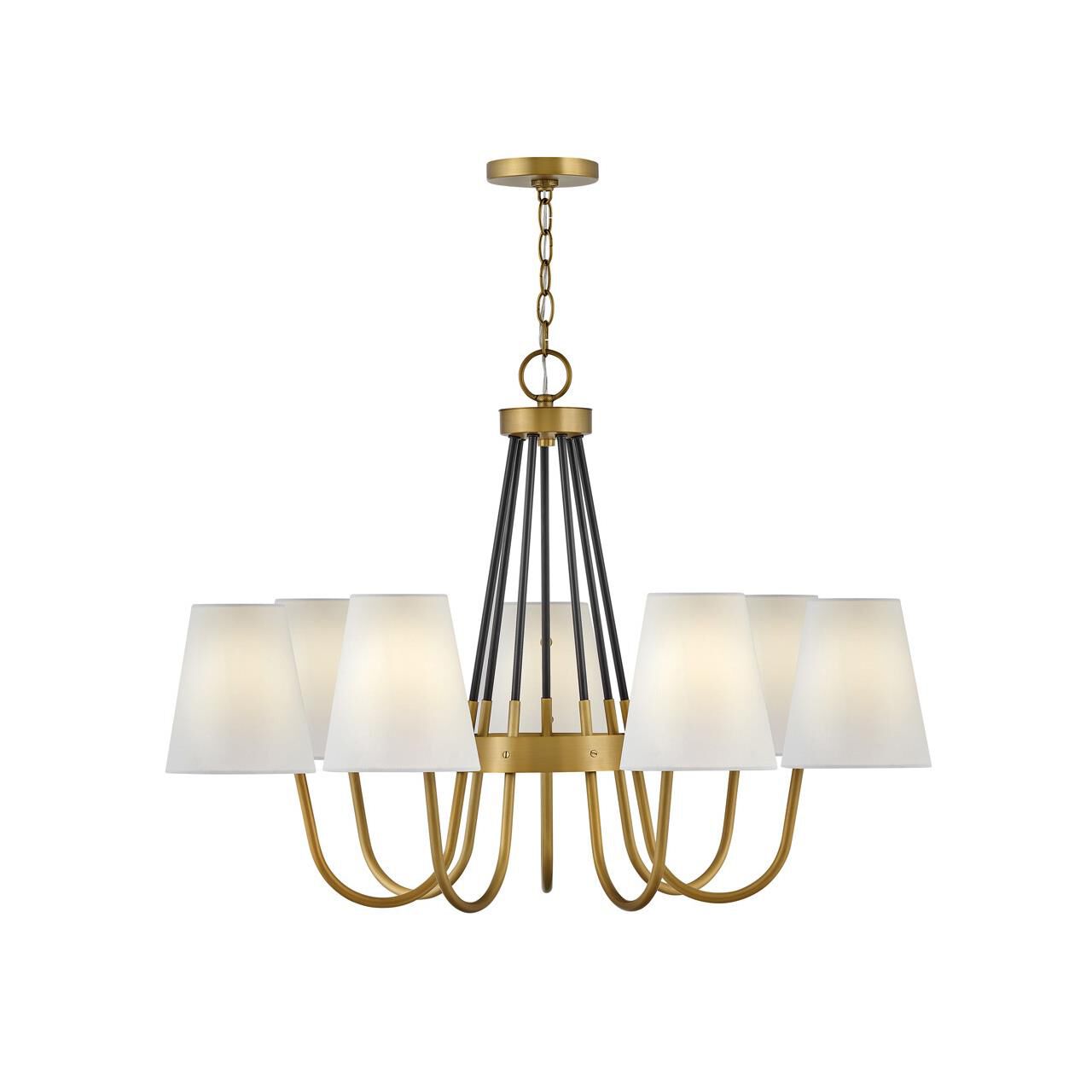 Shown in Heritage Brass finish and Off-White Fabric shade and Black accent