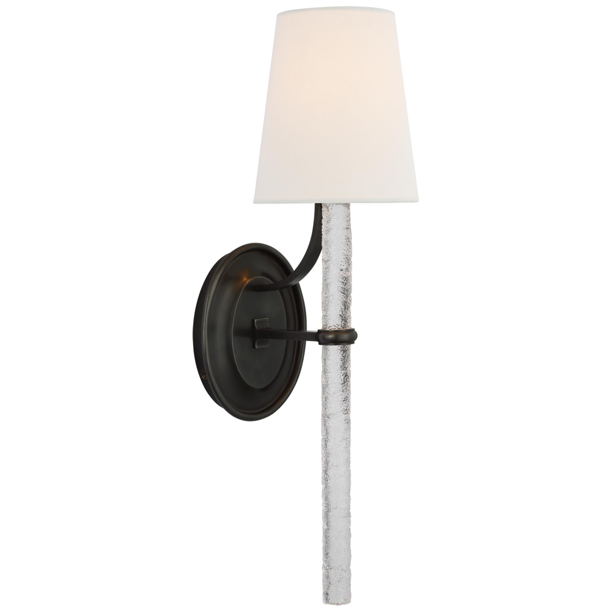 Shown in Bronze finish and Clear Wavy glass and Linen shade