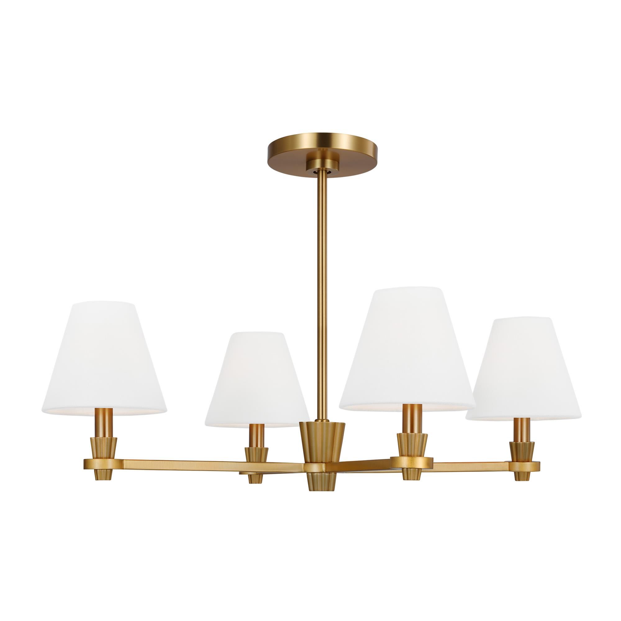 Shown in Burnished Brass finish and White Linen Fabric s shade