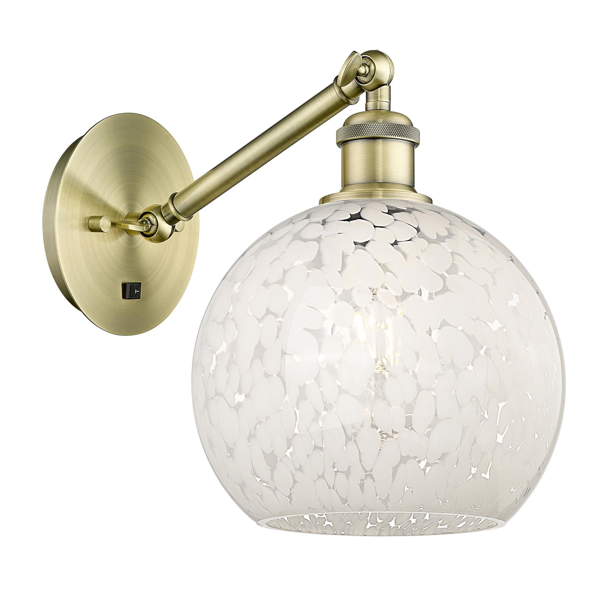Shown in Antique Brass finish and White Mouchette glass