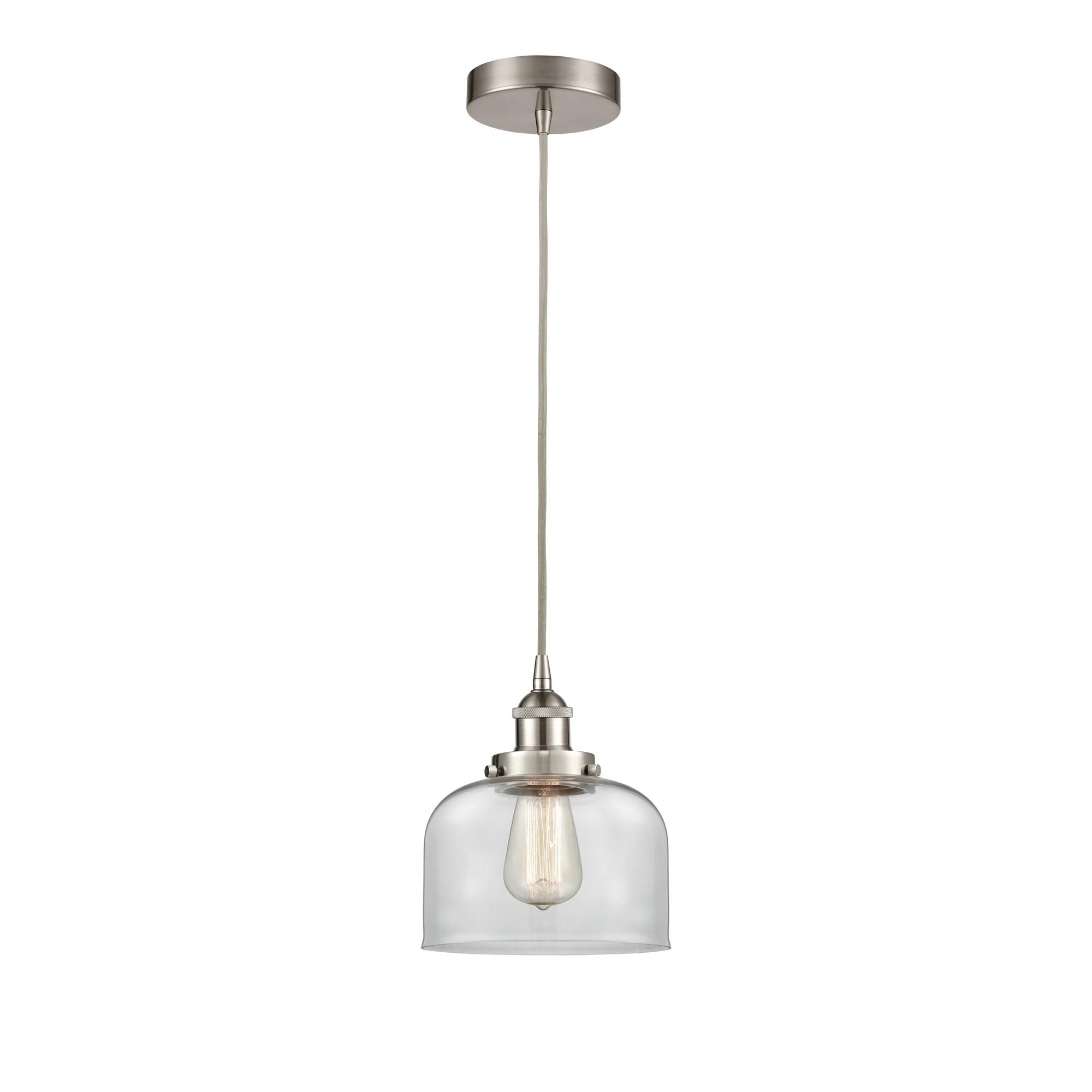 Shown in Brushed Satin Nickel finish and Clear Large Bell glass