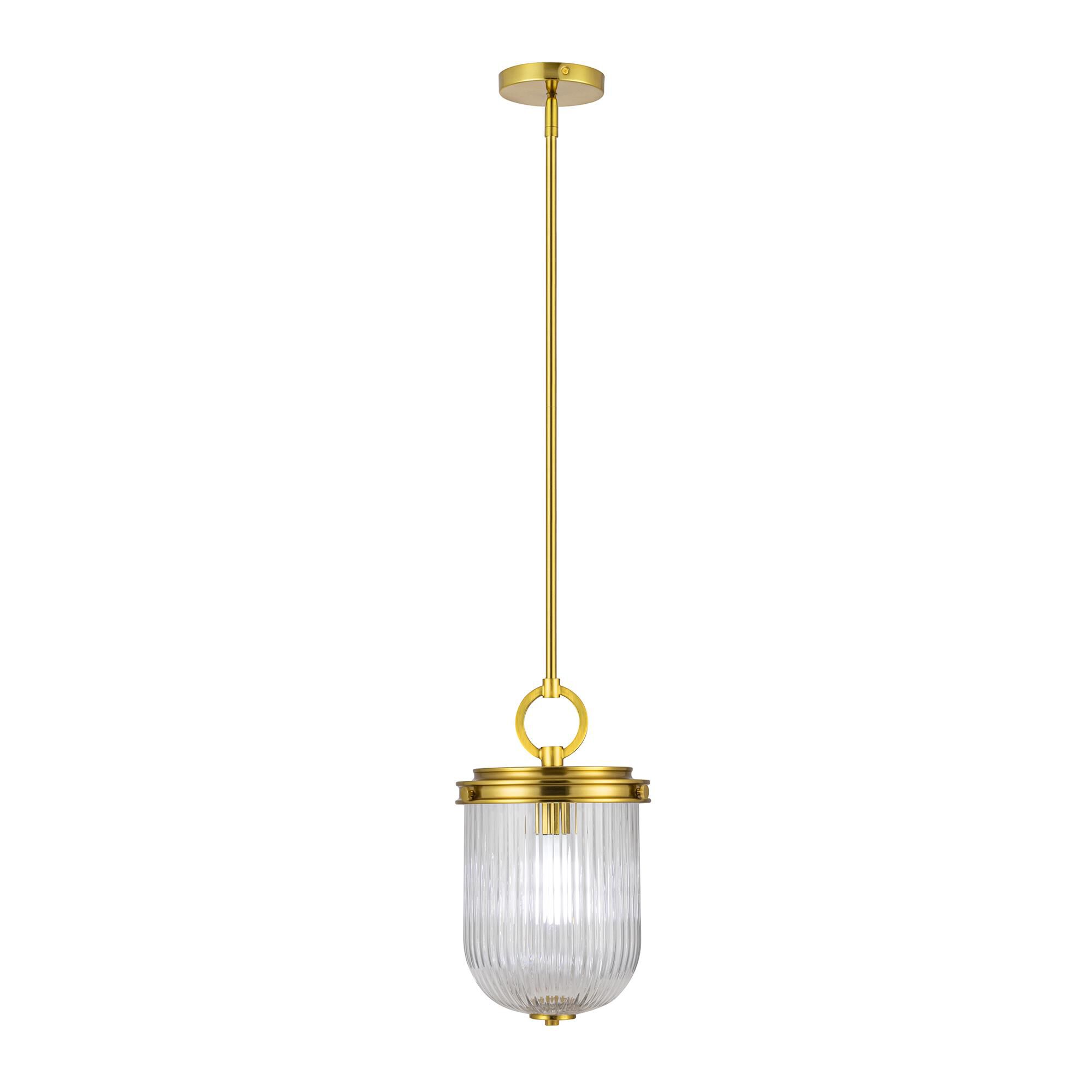 Shown in Vintage Brass finish and Ribbed glass