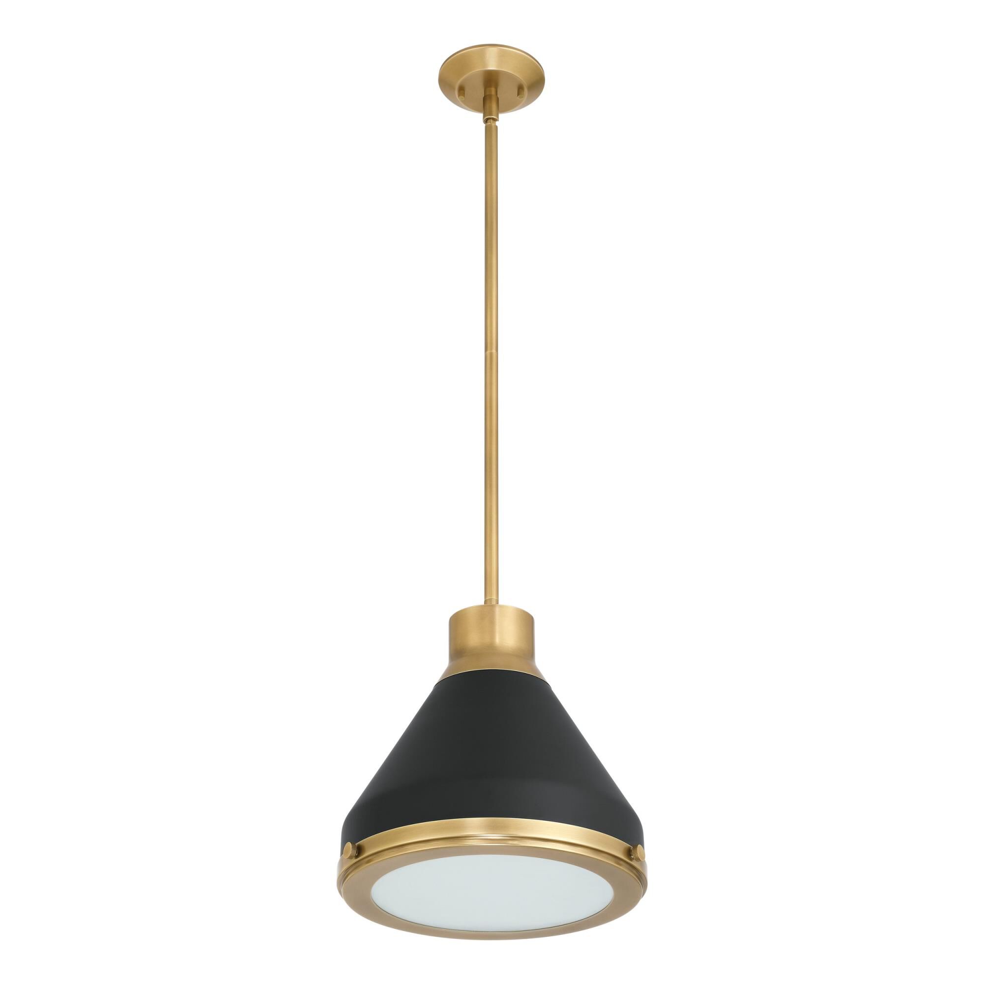 Shown in Natural Brass finish and Etched glass and Natural Brass, Matte Black shade