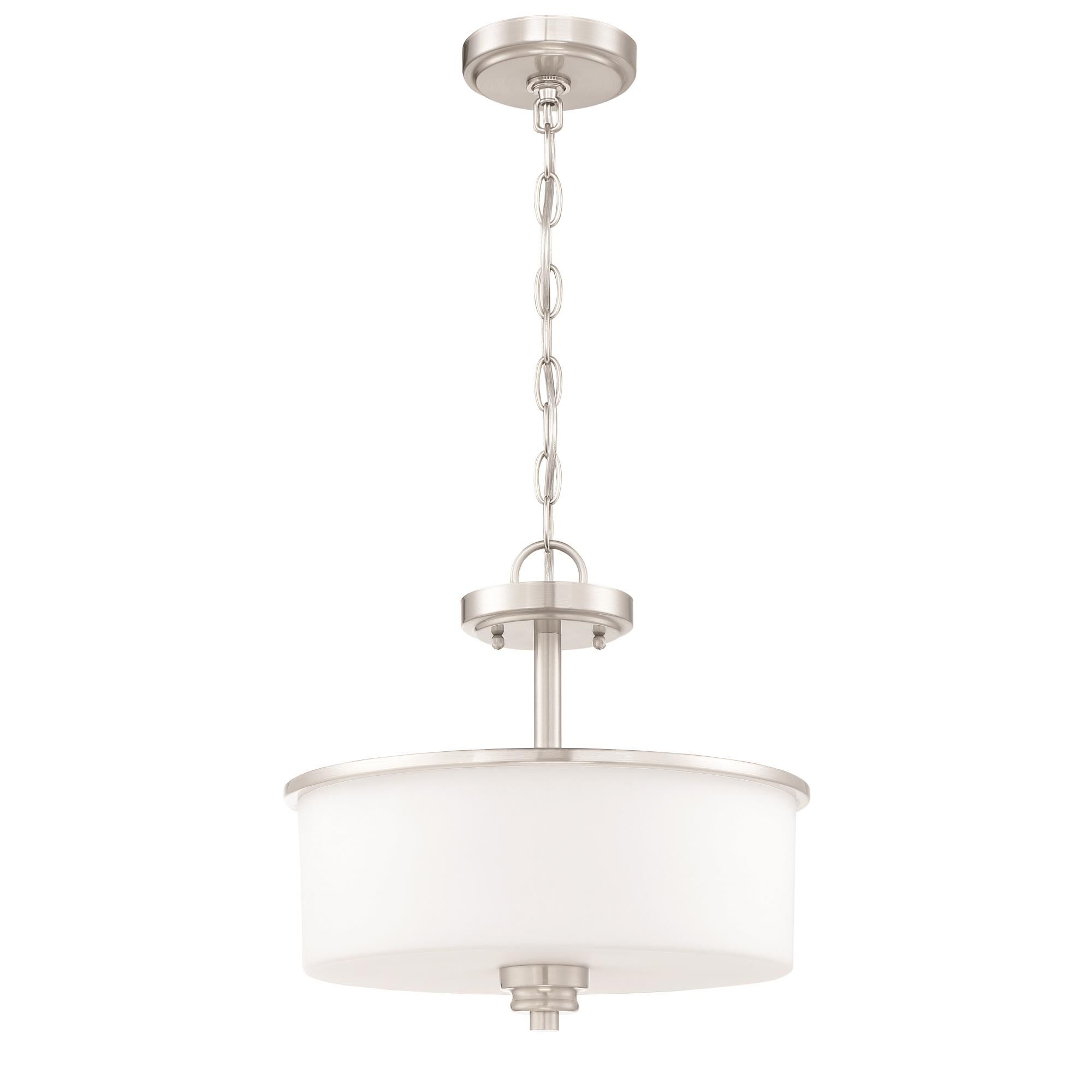 Shown in Brushed Polished Nickel finish and White Frosted glass and Glass shade