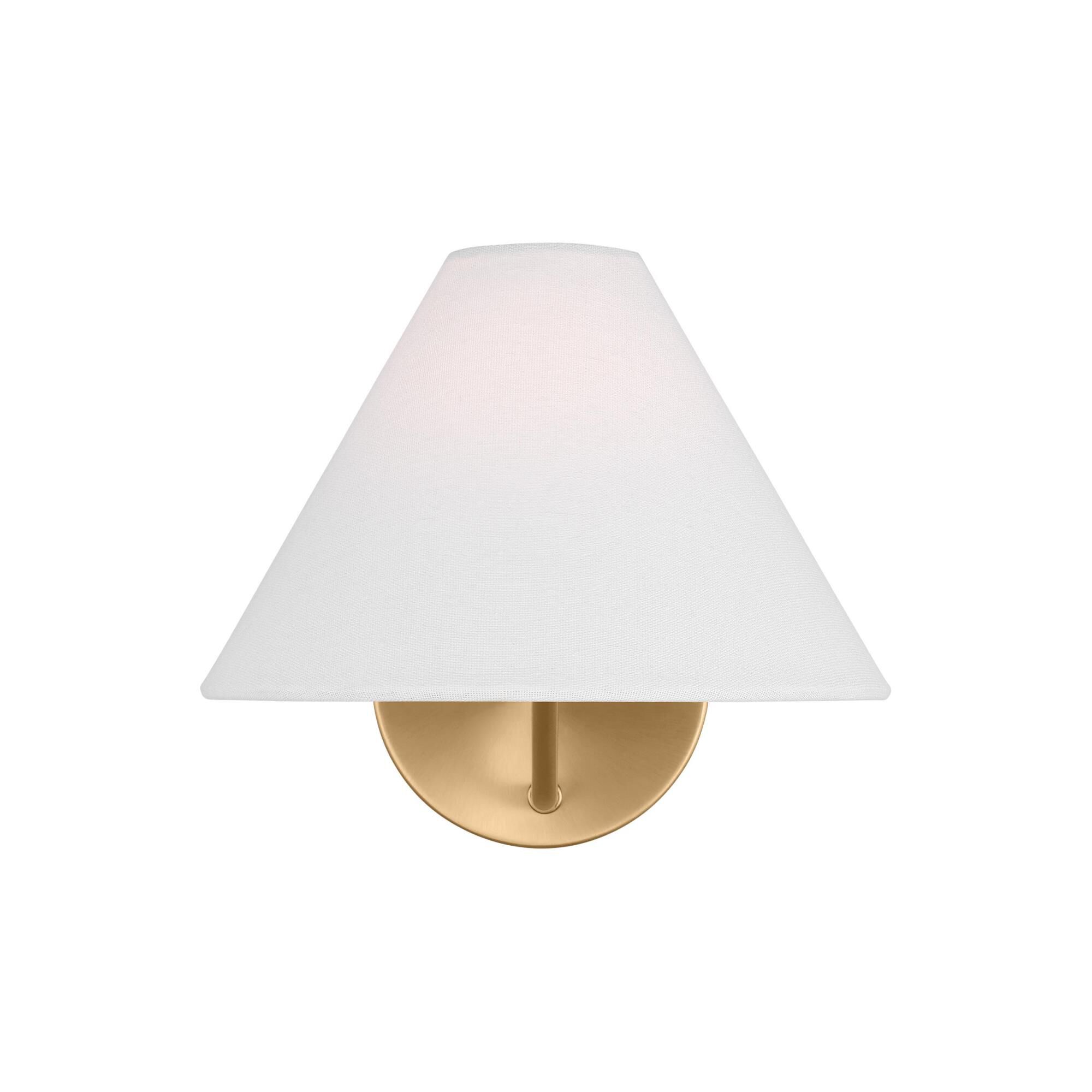 Shown in Satin Brass finish and White Linen Fabric shade