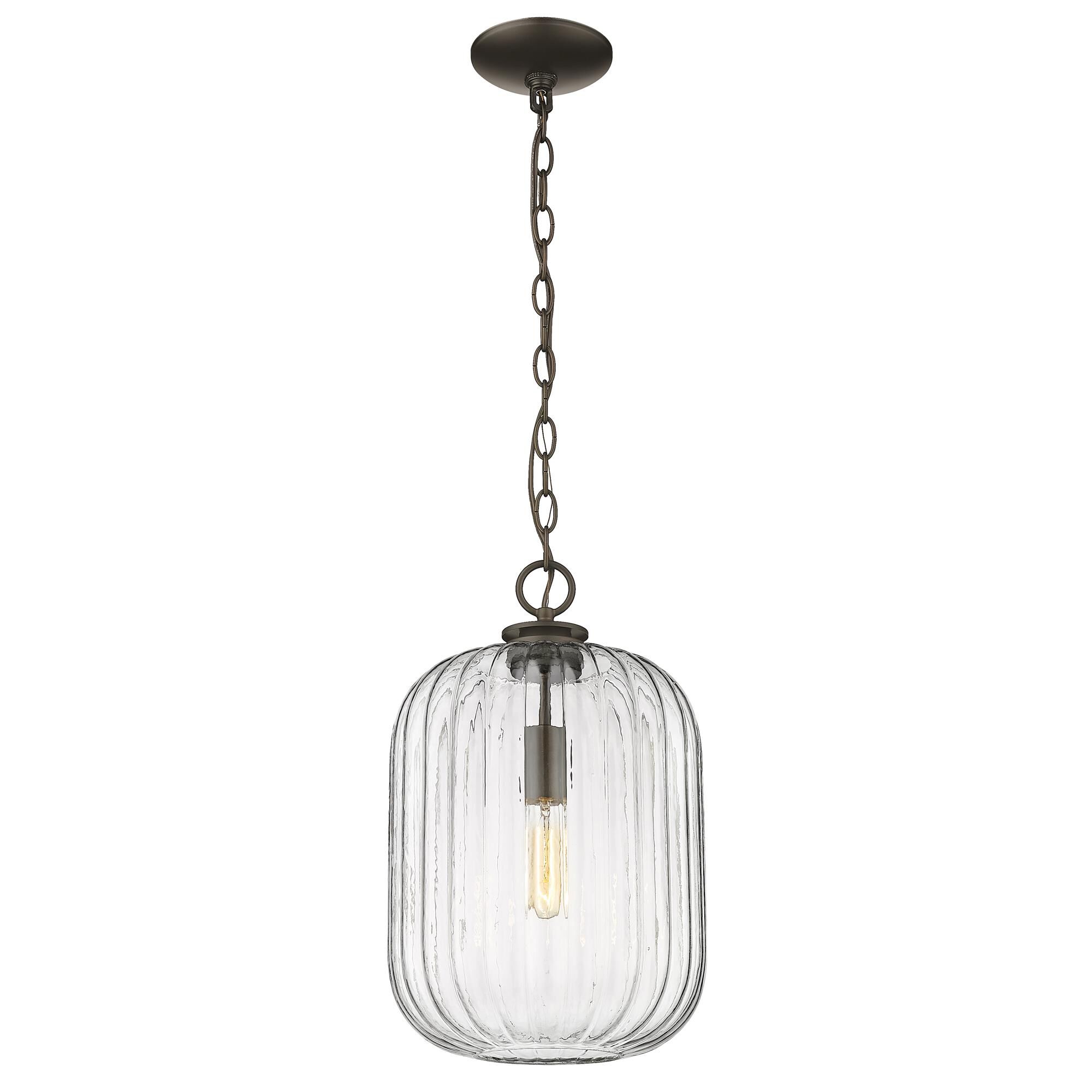Shown in Oil Rubbed Bronze finish and Clear Reeded Glass shade