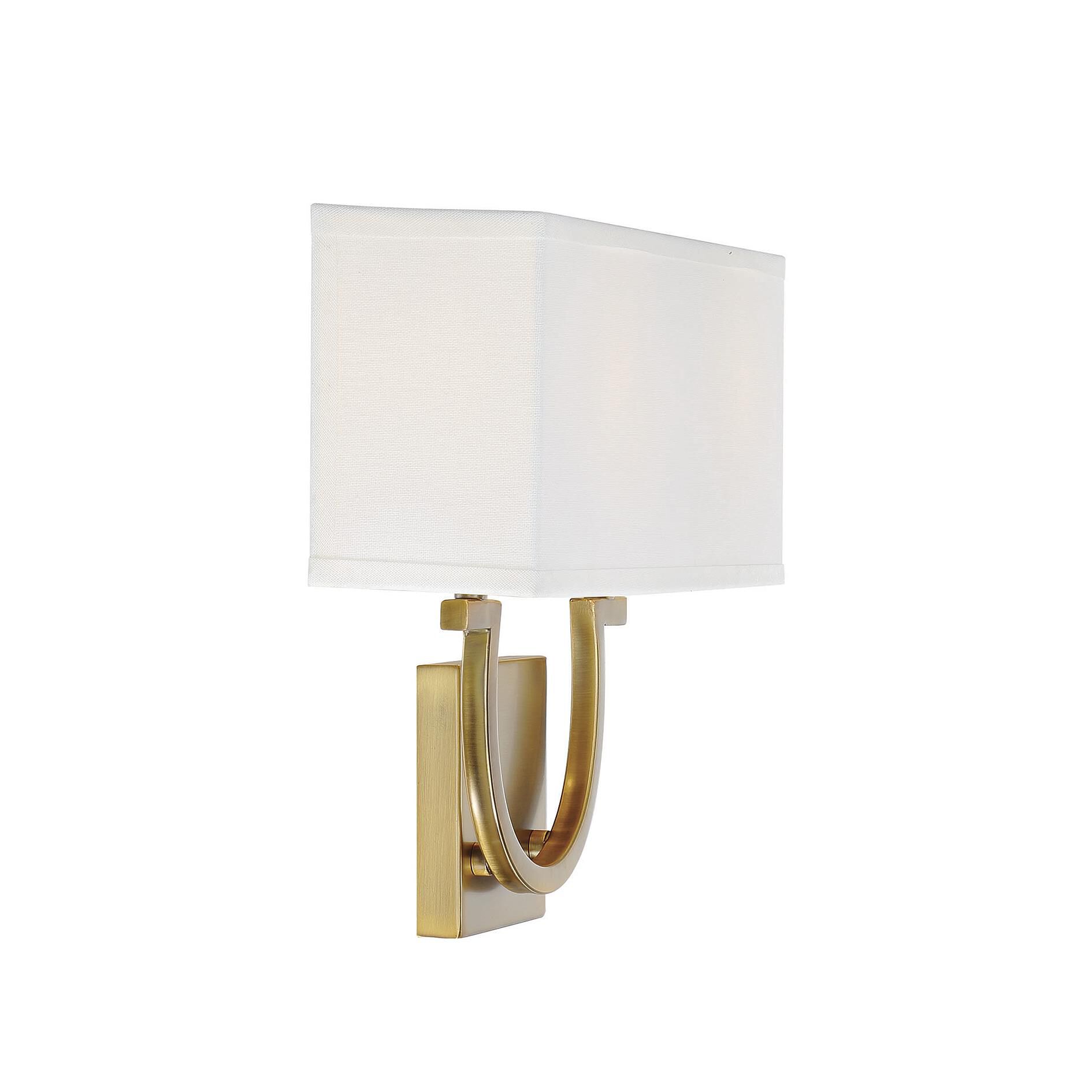 Shown in Warm Brass finish and White Linen shade