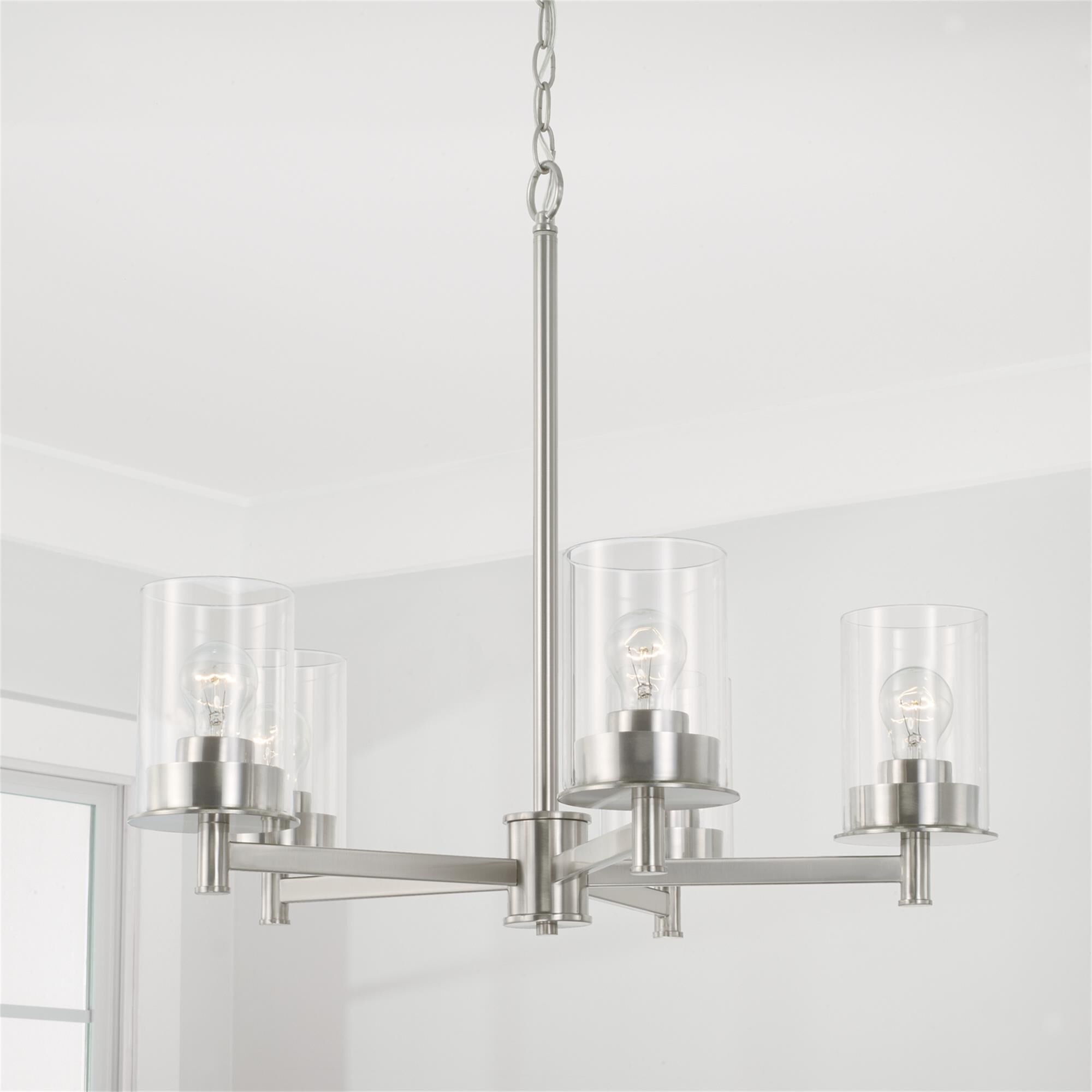 Shown in Brushed Nickel finish and Clear glass