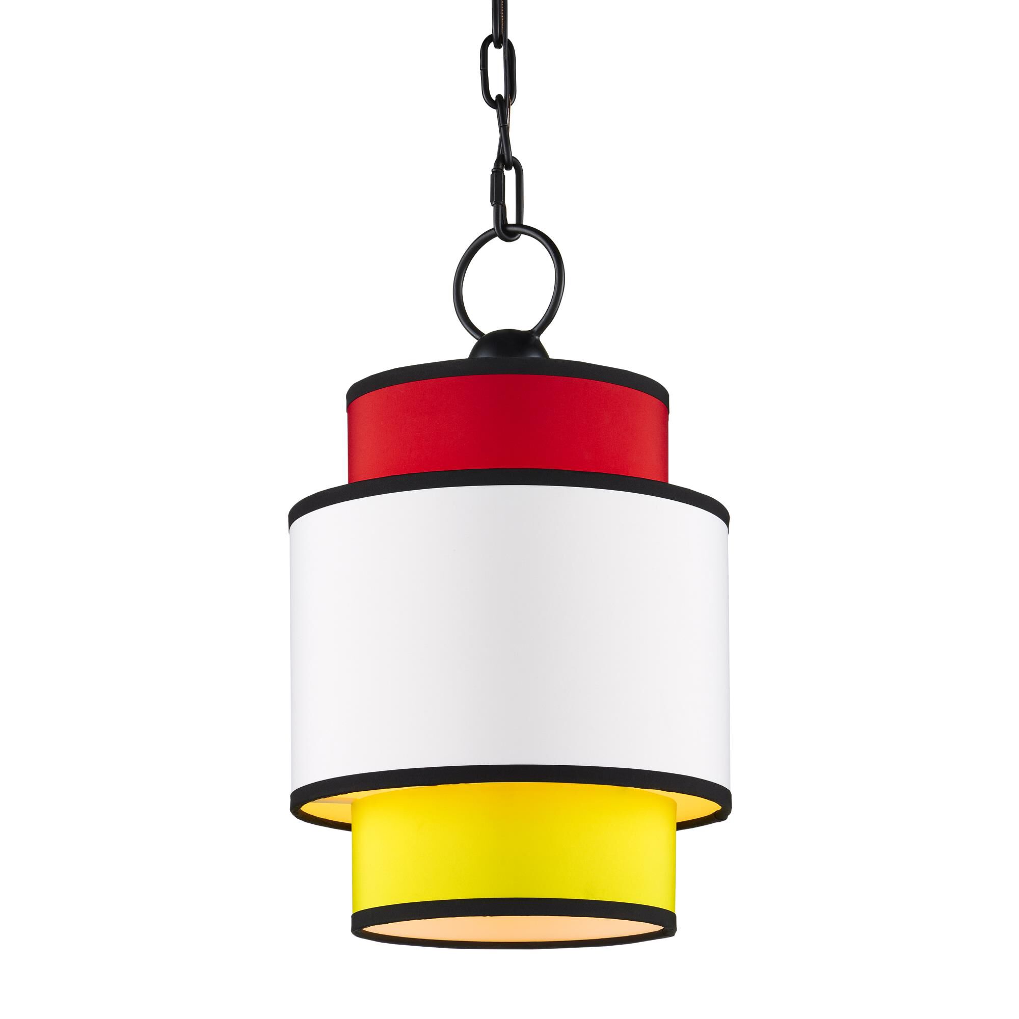 Shown in Satin Black and Multi-Color finish and Red/Yellow/White Shantung shade
