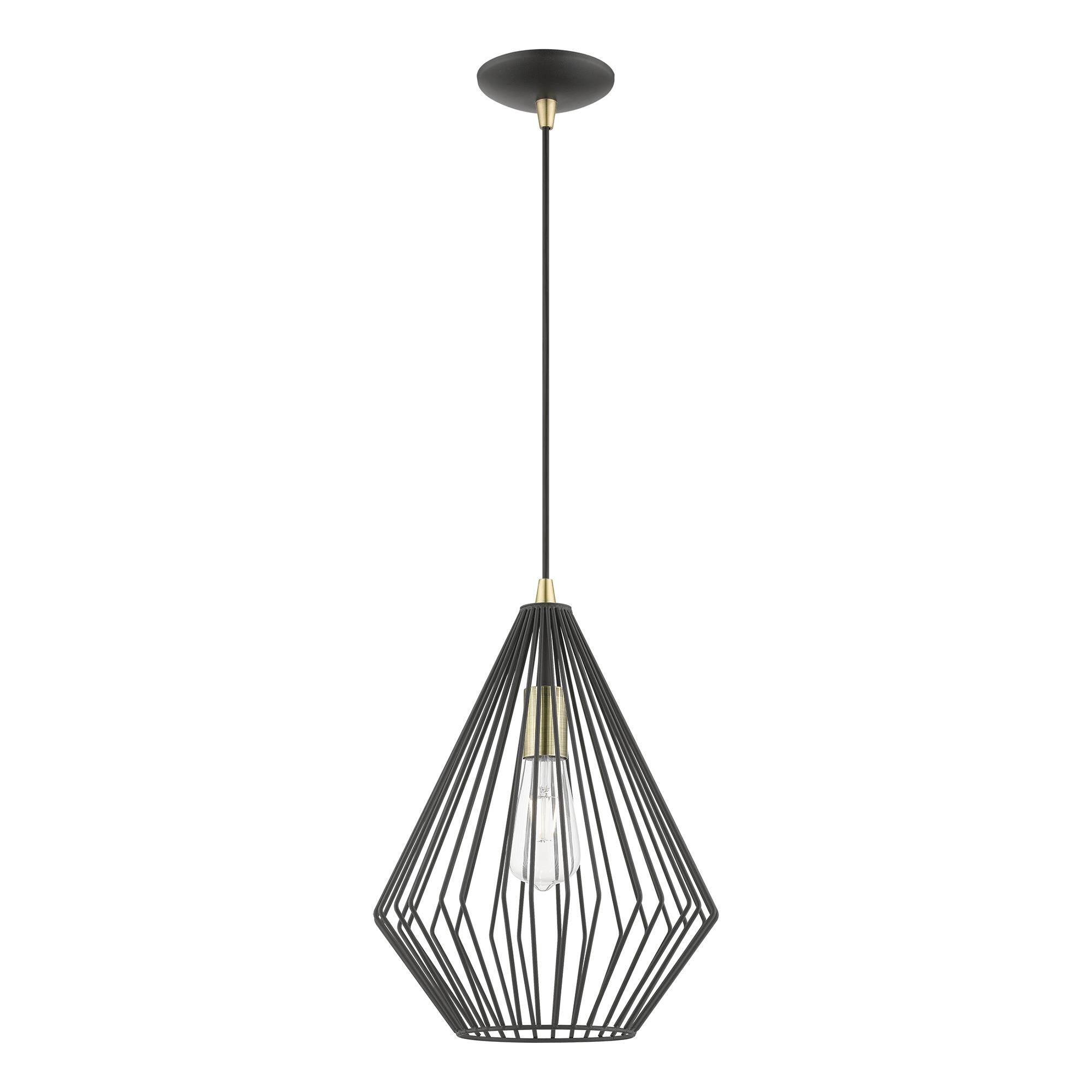 Shown in Textured Black with Antique Brass Accents finish and Textured Black Metal shade