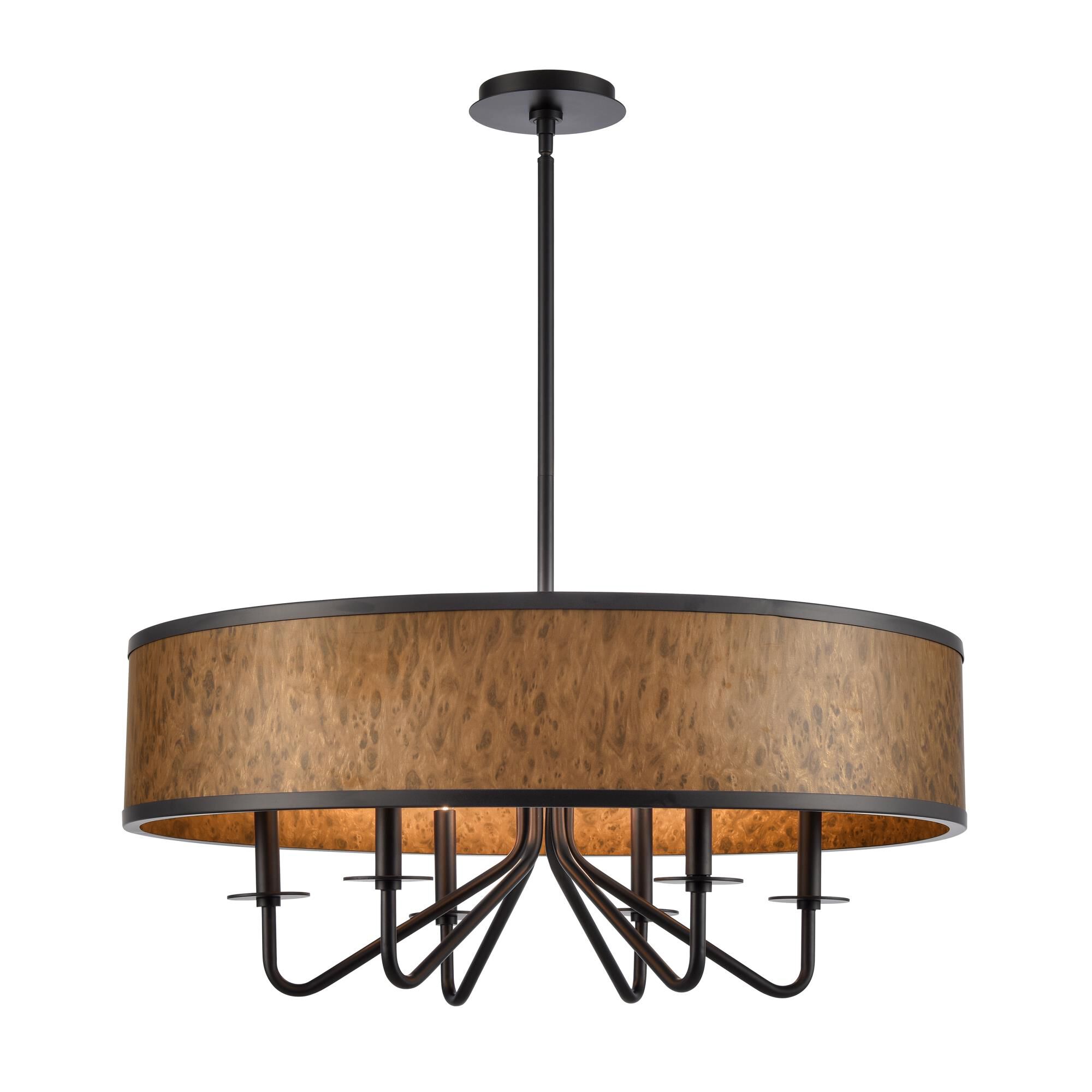 Shown in Matte Black finish and Printed Burlwood Metal Shade glass and Printed Burlwood Metal shade