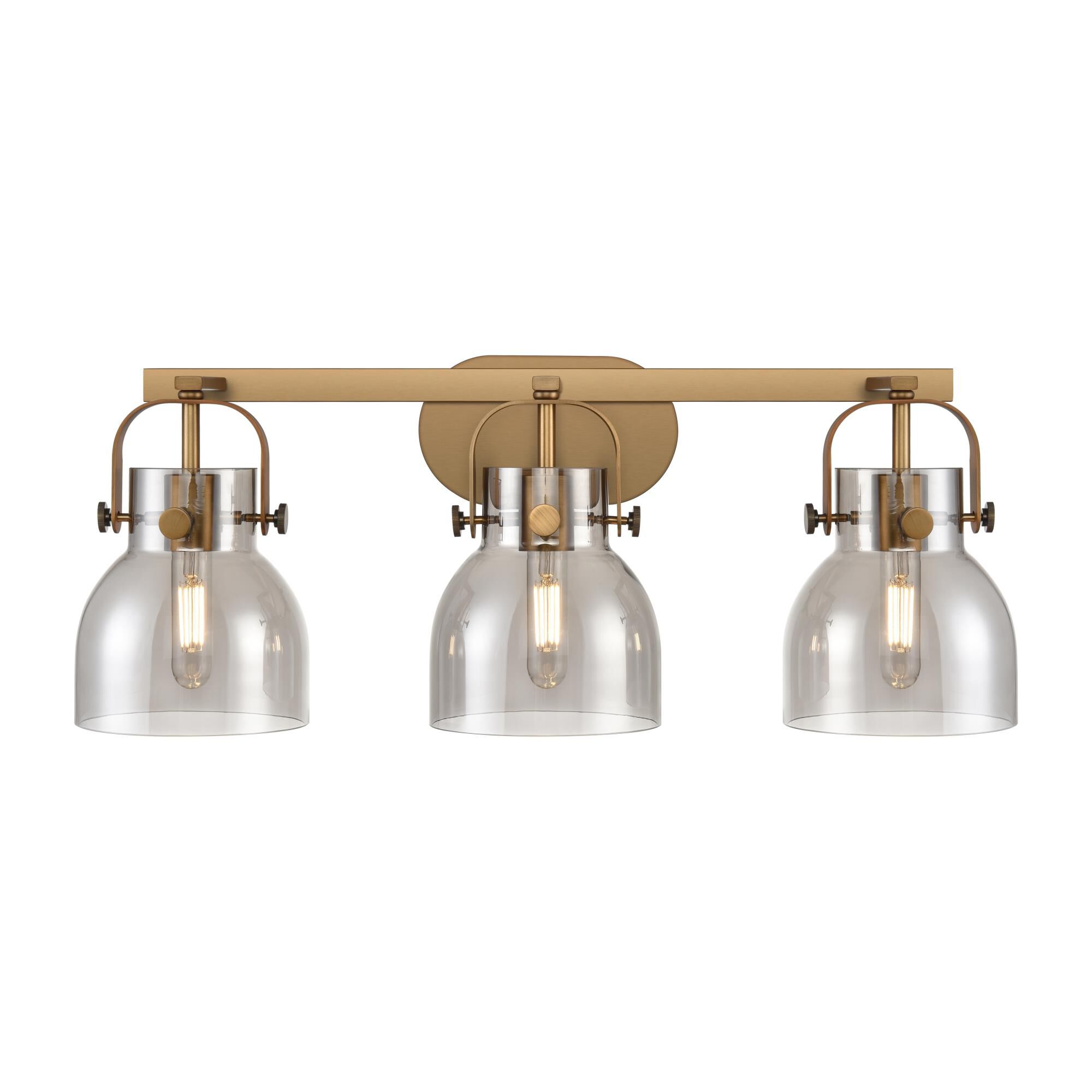 Shown in Brushed Brass finish and Plated Smoke glass and Plated Smoke Glass shade