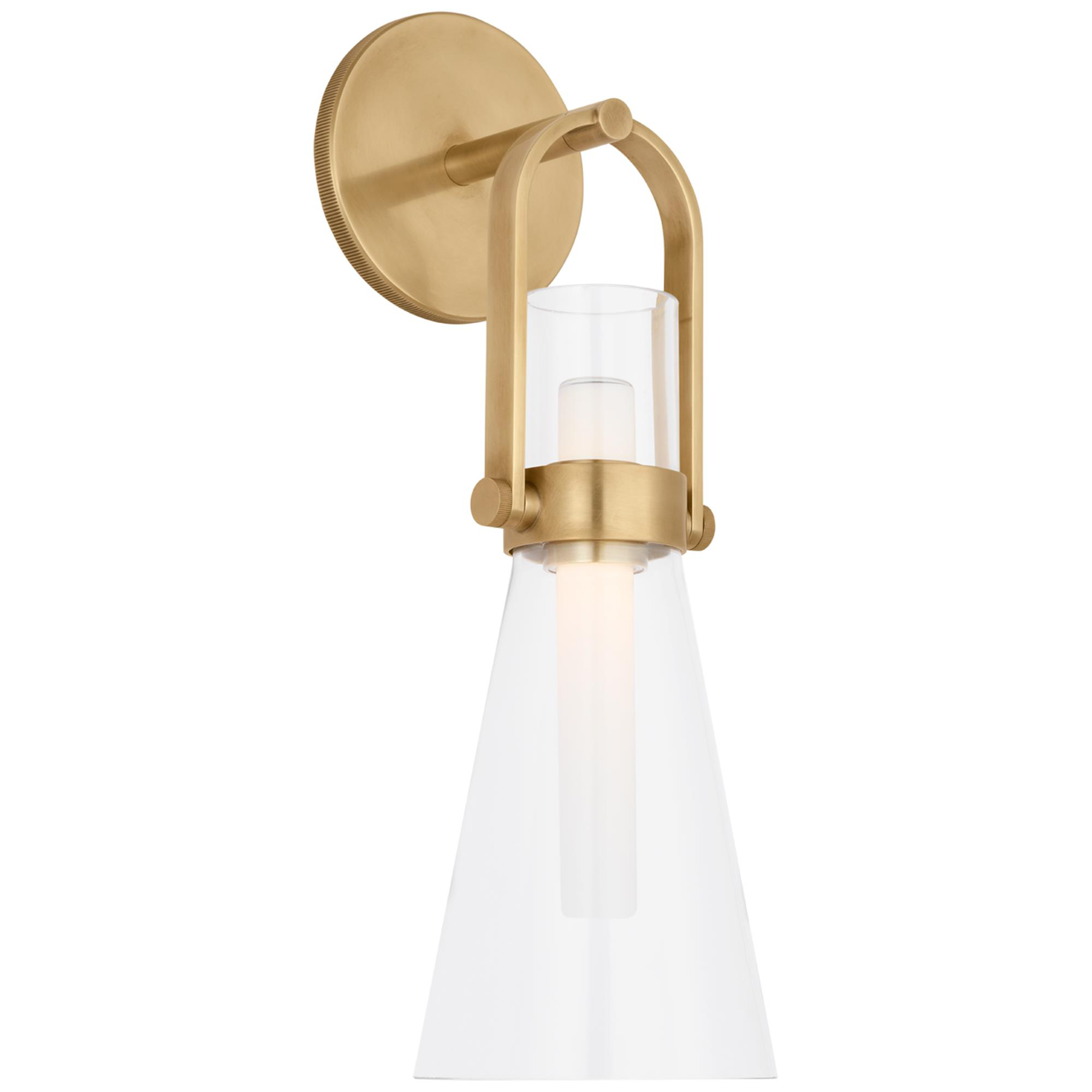 Shown in Hand-Rubbed Antique Brass finish and Clear glass