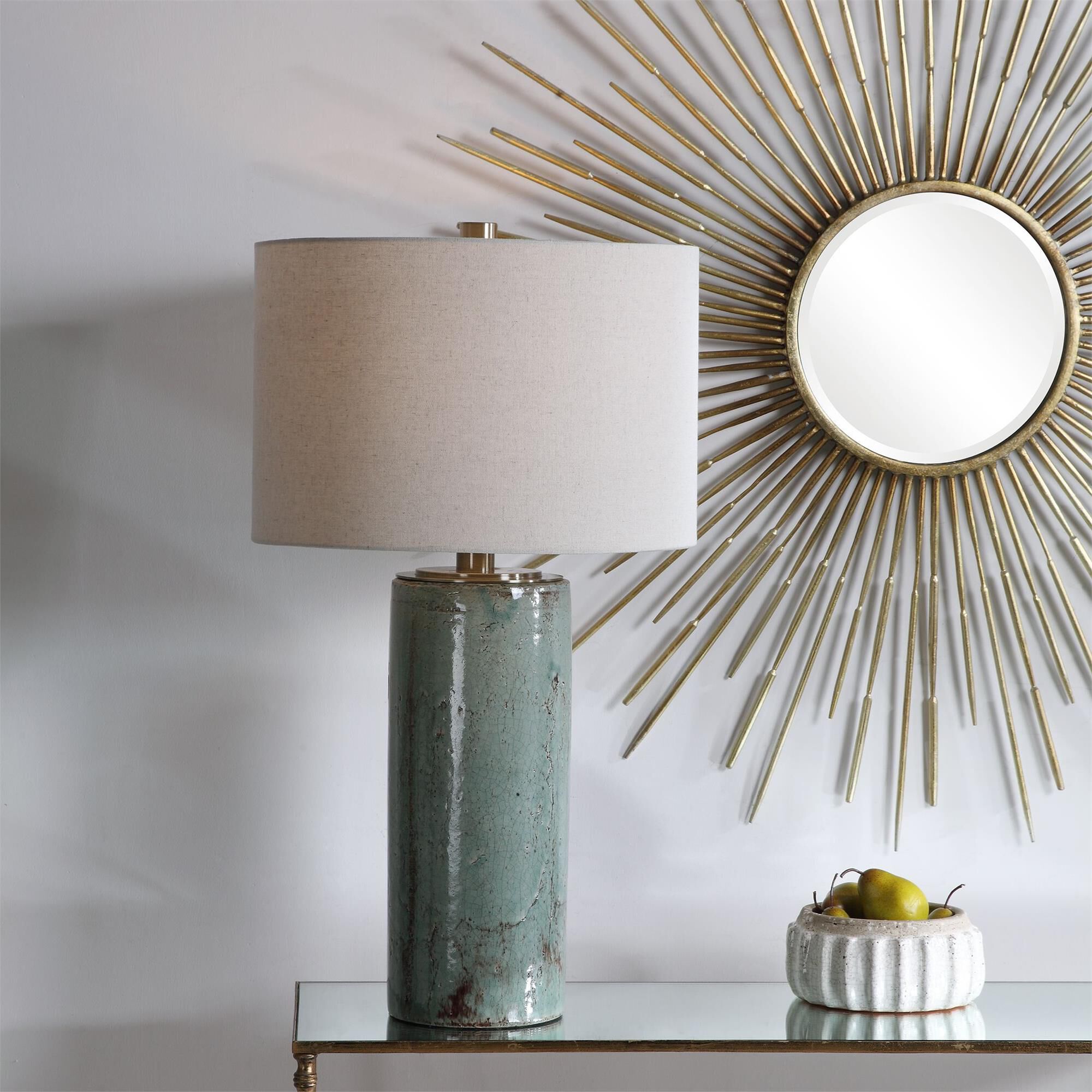 Shown in Ceramic Table Lamp Finished In A Crackled Aqua Blue Glaze With Dark Rustic Bronze Distressing, Accen finish and Round Hardback Drum shade