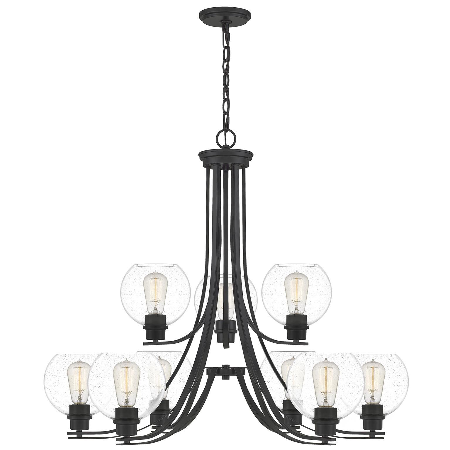 Shown in Matte Black finish and Clear Seedy Glass, Clear Glass, Etched  With White Inside Glass shade