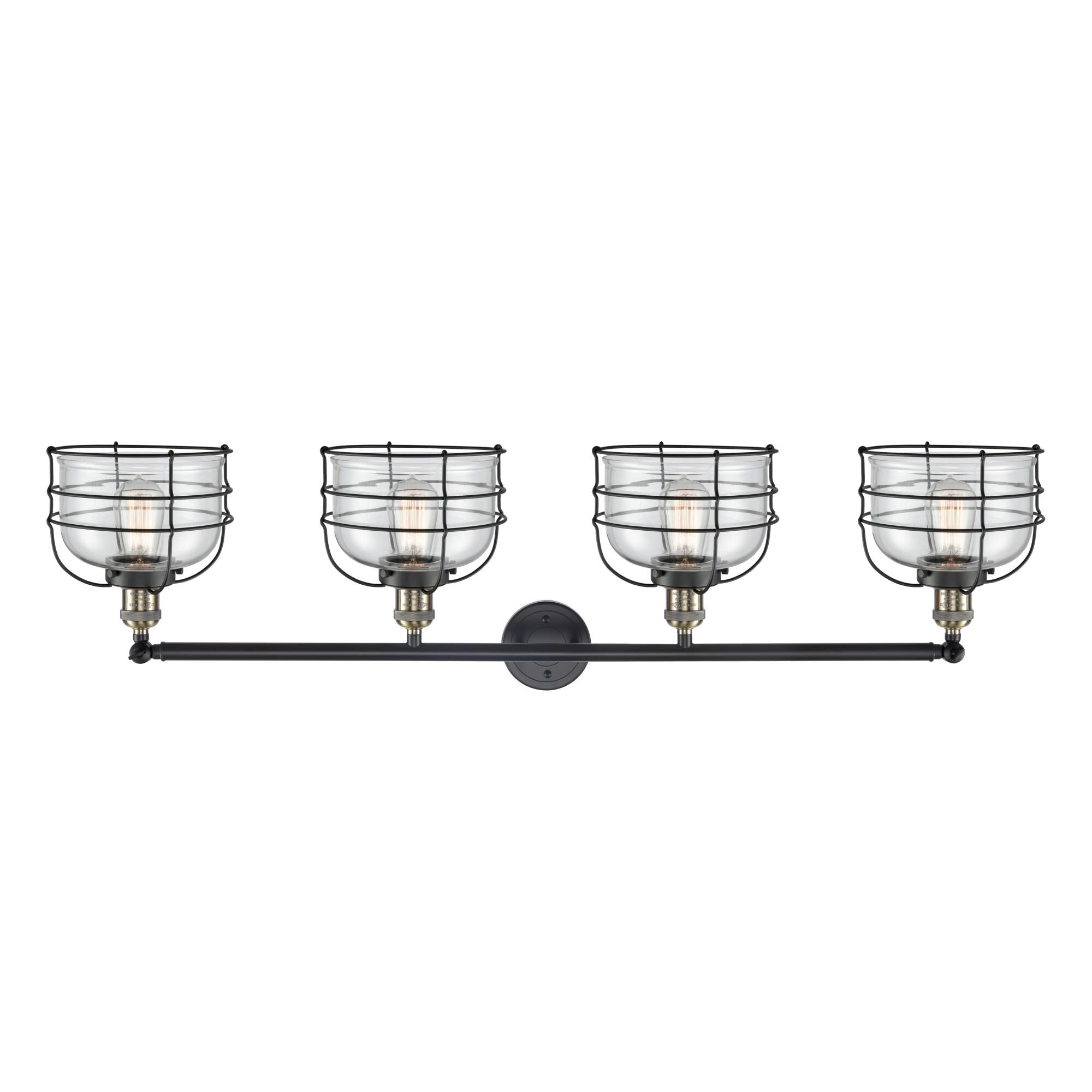 Shown in Black Antique Brass finish and Clear Large Bell Cage glass and Matte Black accent