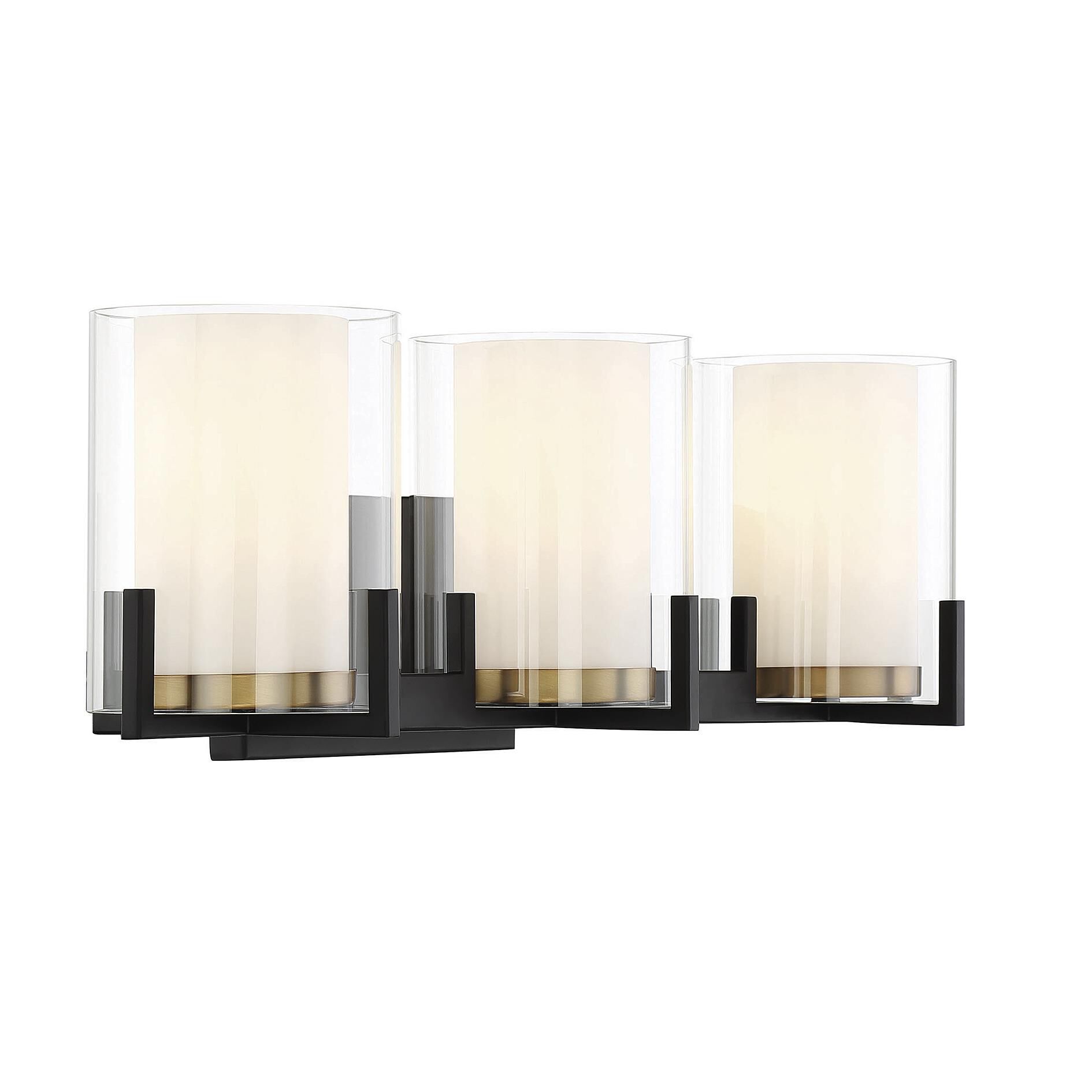 Shown in Matte Black With Warm Brass Accents finish and Clear Outer , White Opal Chimney glass and Glass shade