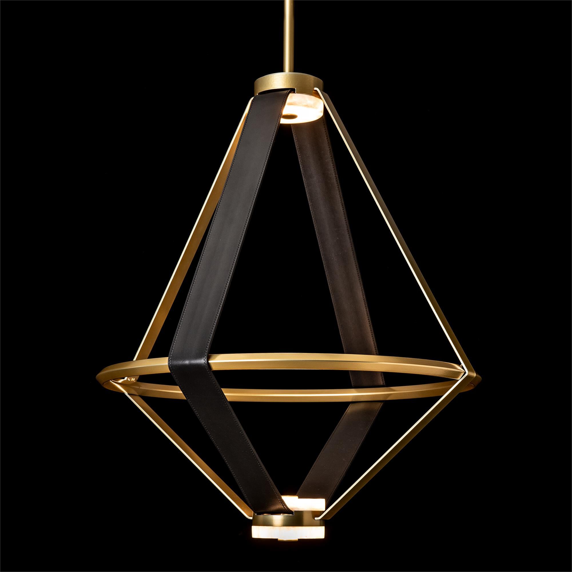 Shown in Modern Brass finish and Black Leather accent