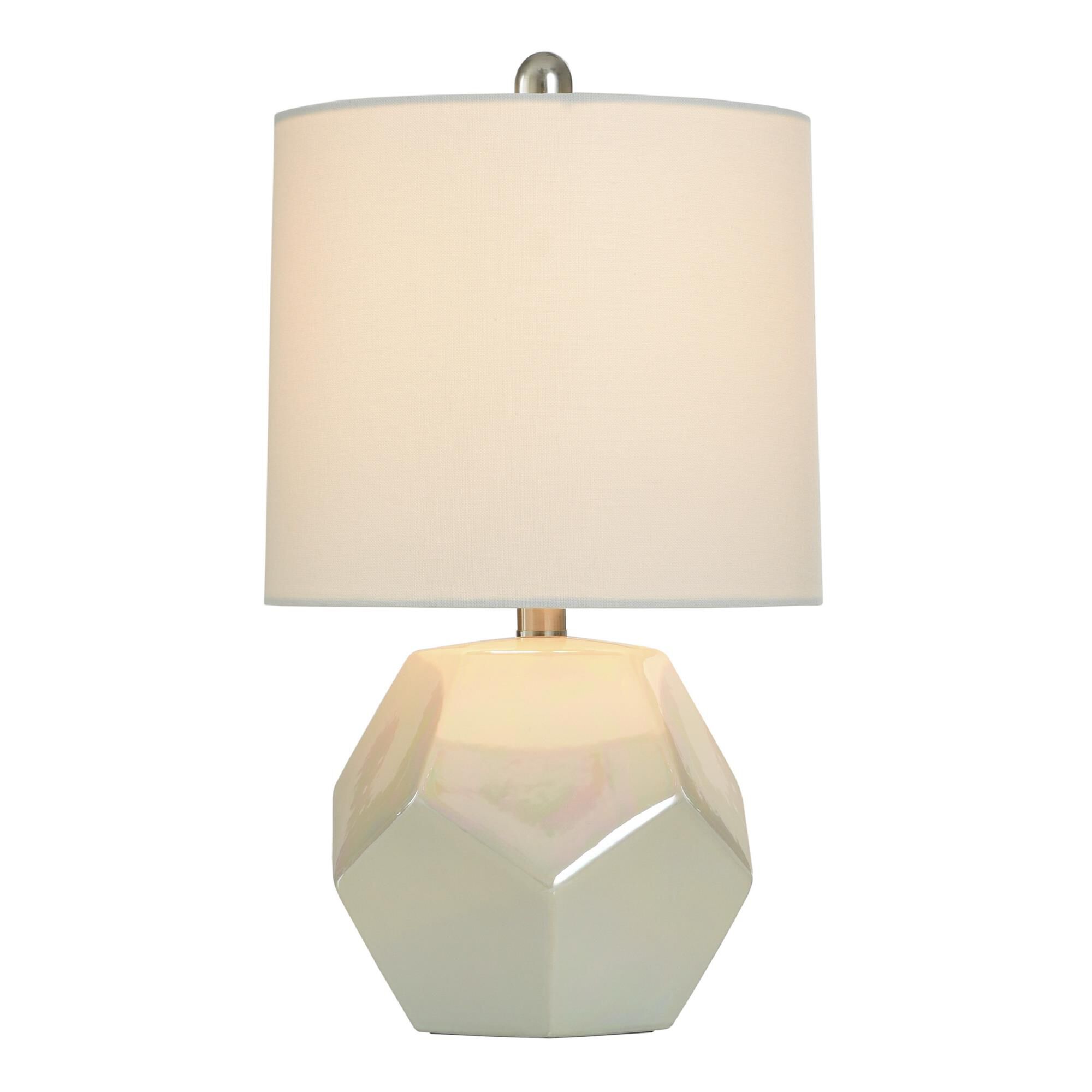 Shown in Gloss White with Iridescent Pearl Glaze finish and Brussels White Fabric shade