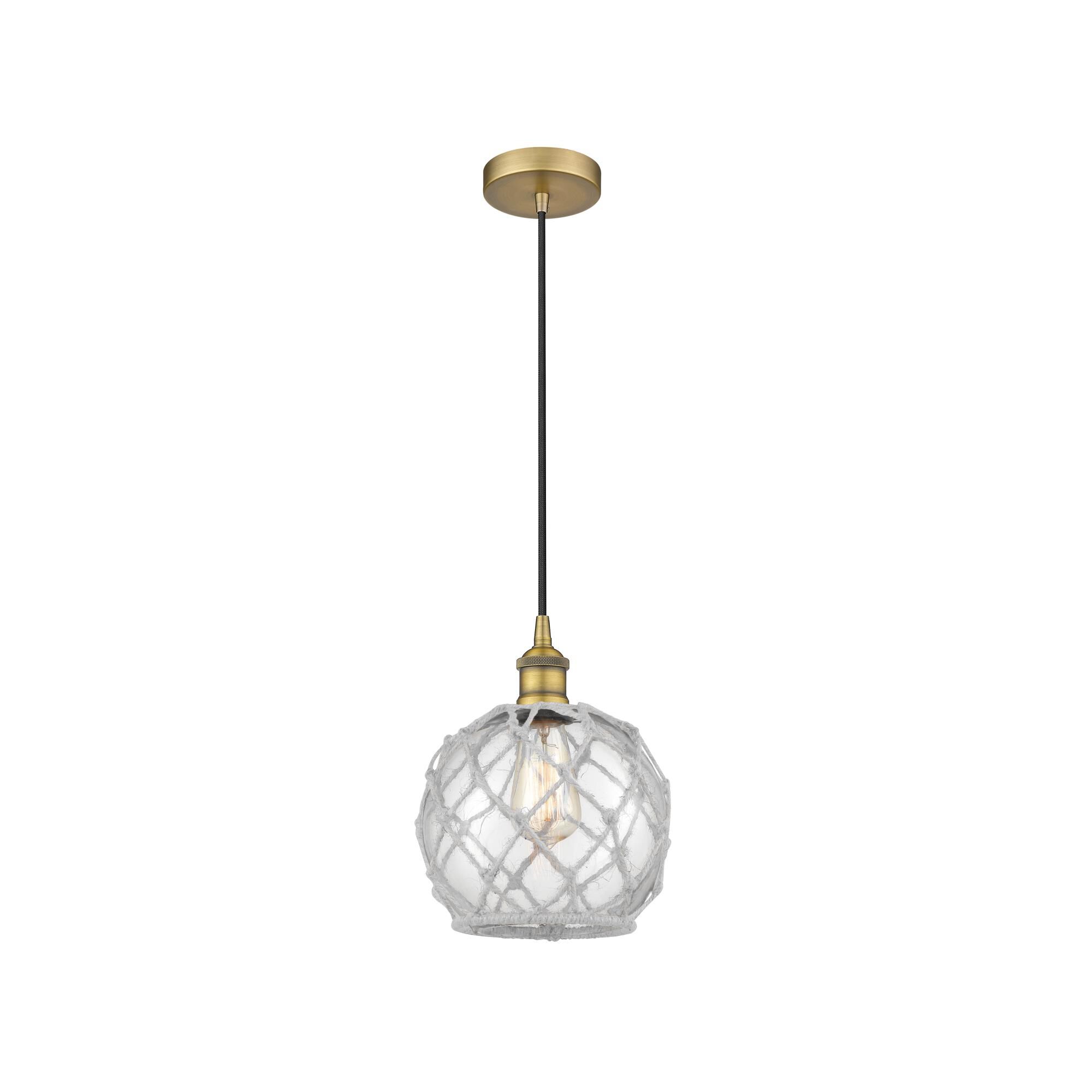 Shown in Brushed Brass finish and Clear Farmhouse With White Rope glass