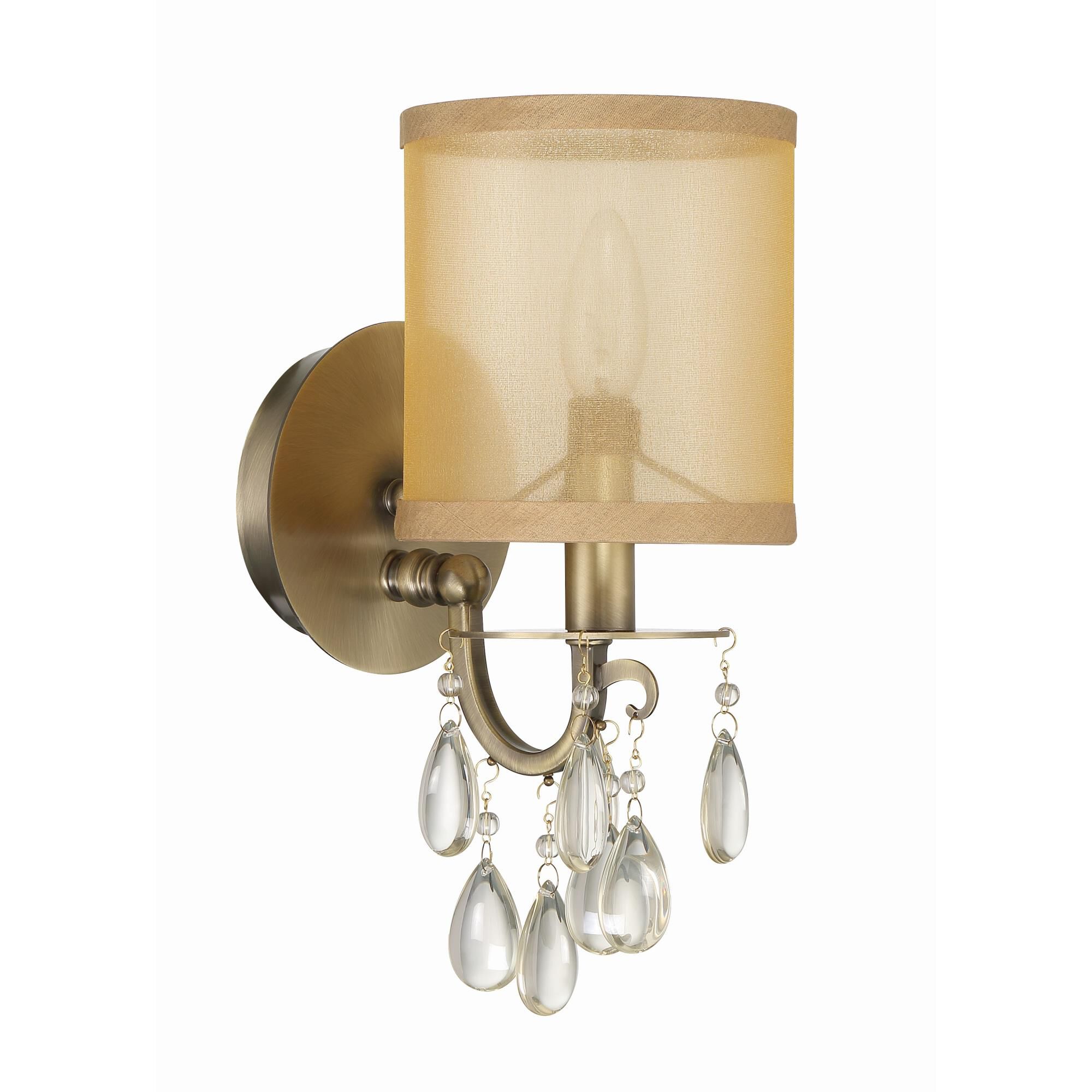 Shown in Antique Brass finish and Etruscan Teardrop Almond crystal and Silk glass and Translucent Gold shade