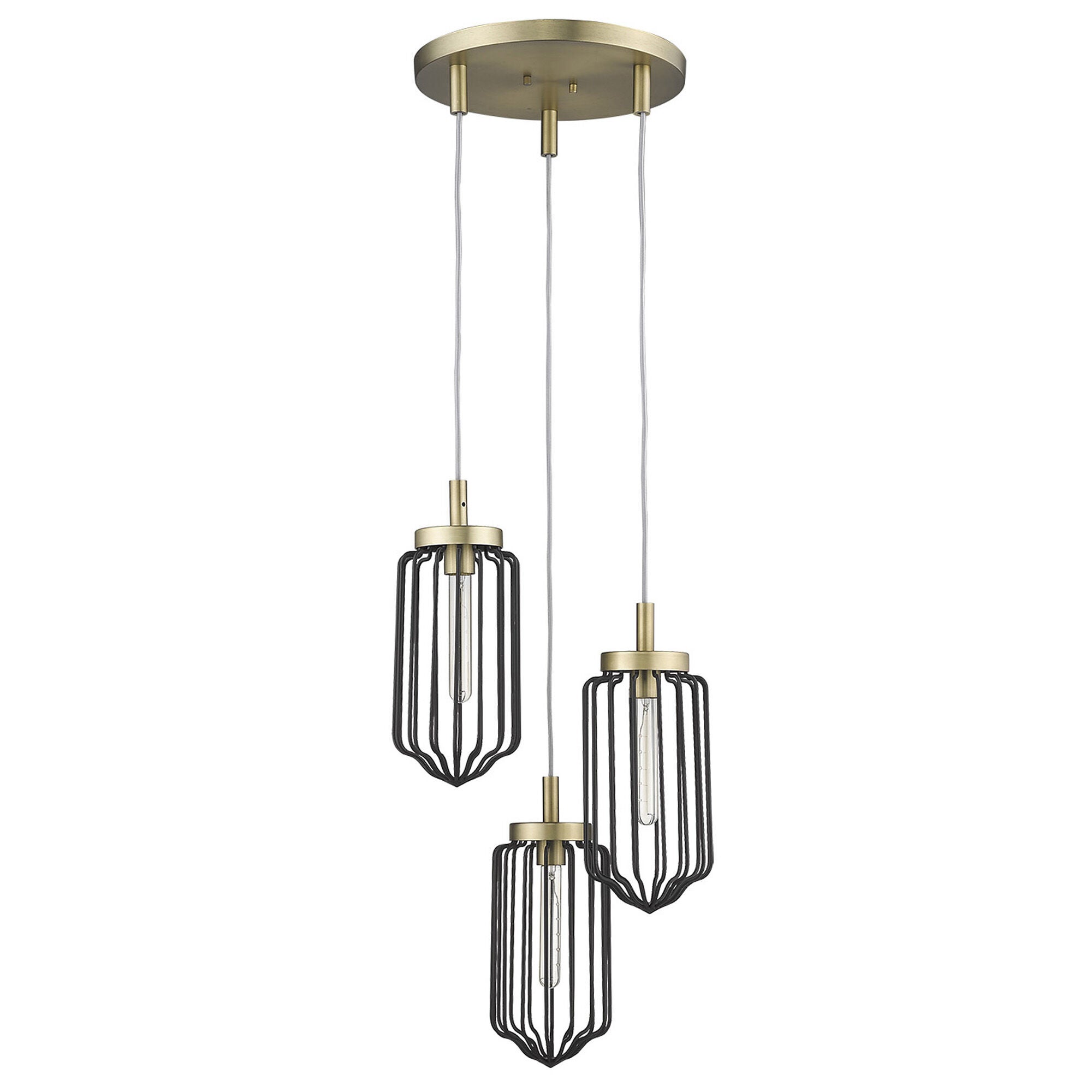 Shown in Aged Brass finish and Black glass and Black, Cylindrical Metal Cage s shade