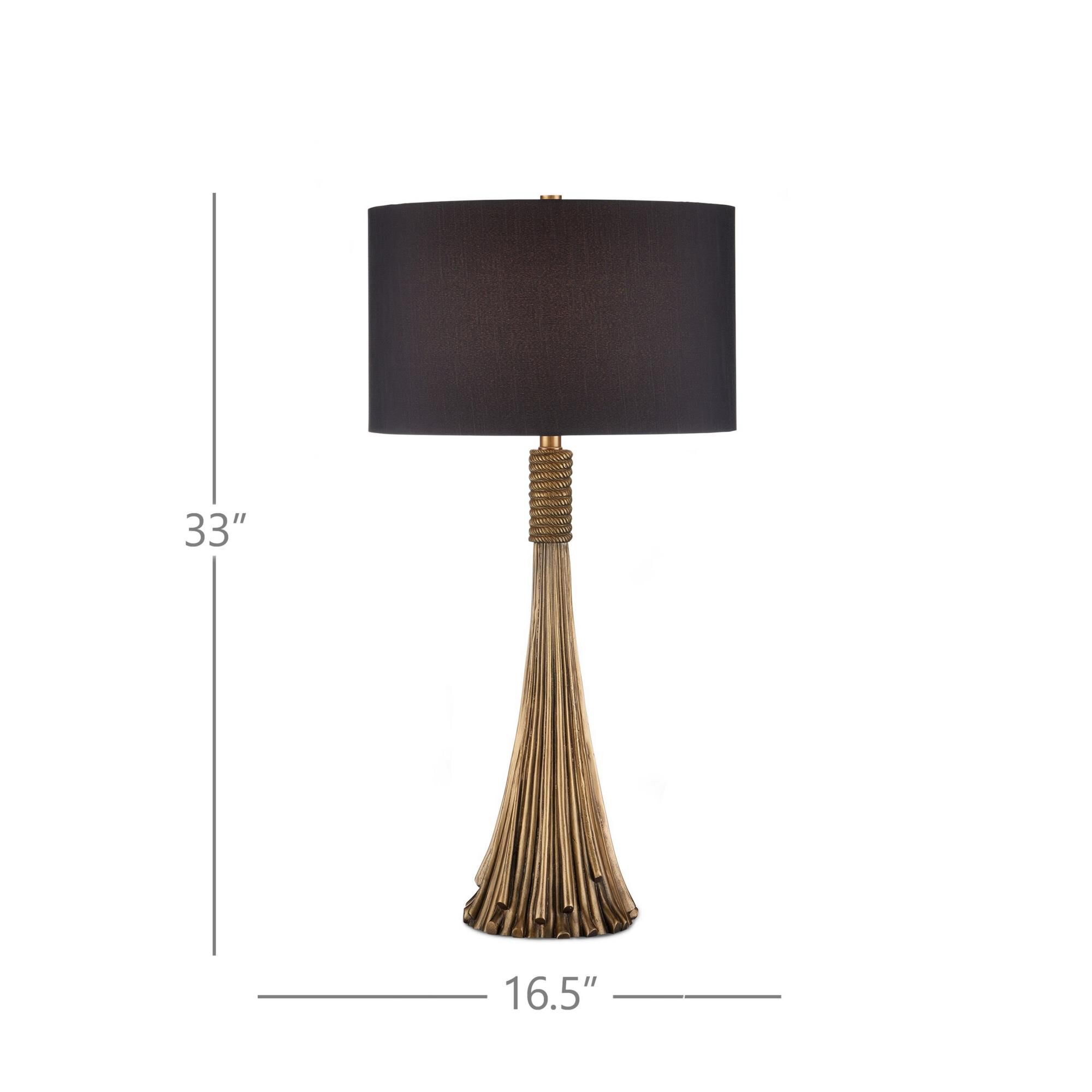 Shown in Antique Brass finish and Black Linen shade