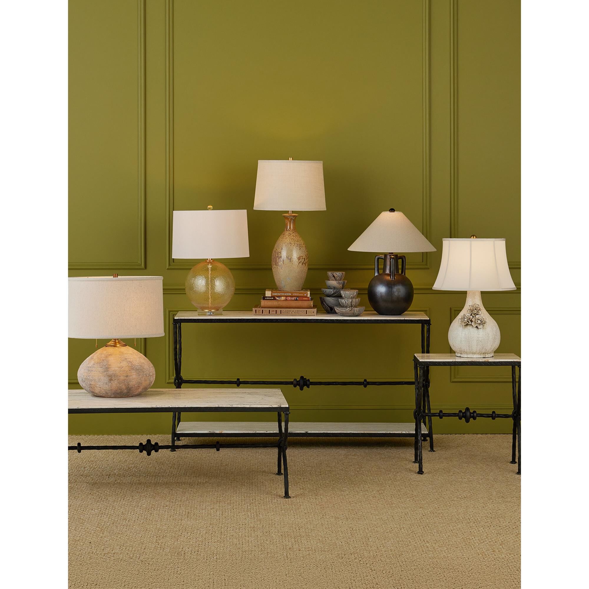 Shown in Iridescent Gray finish and Natural Linen shade