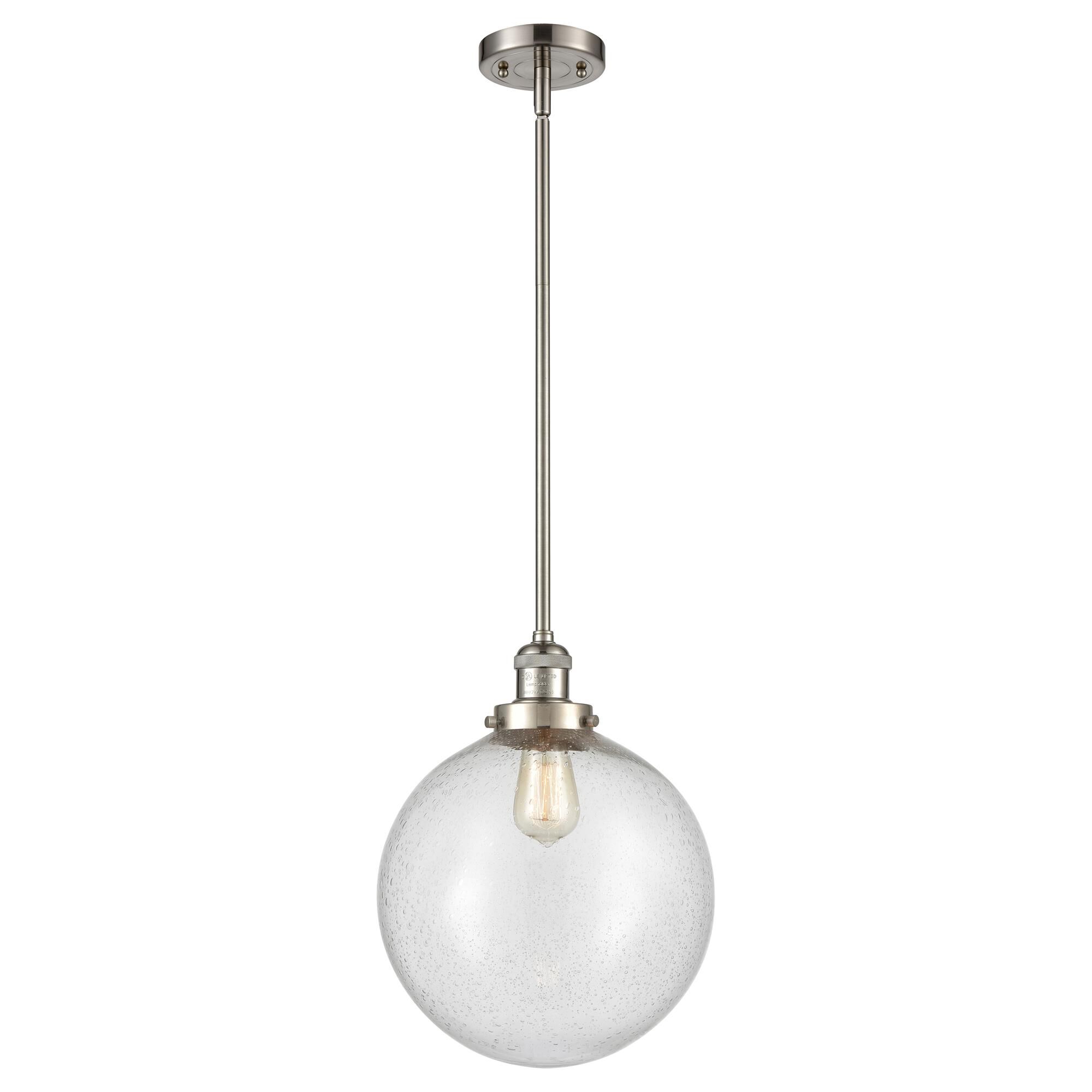 Shown in Brushed Satin Nickel finish and Seedy Beacon glass