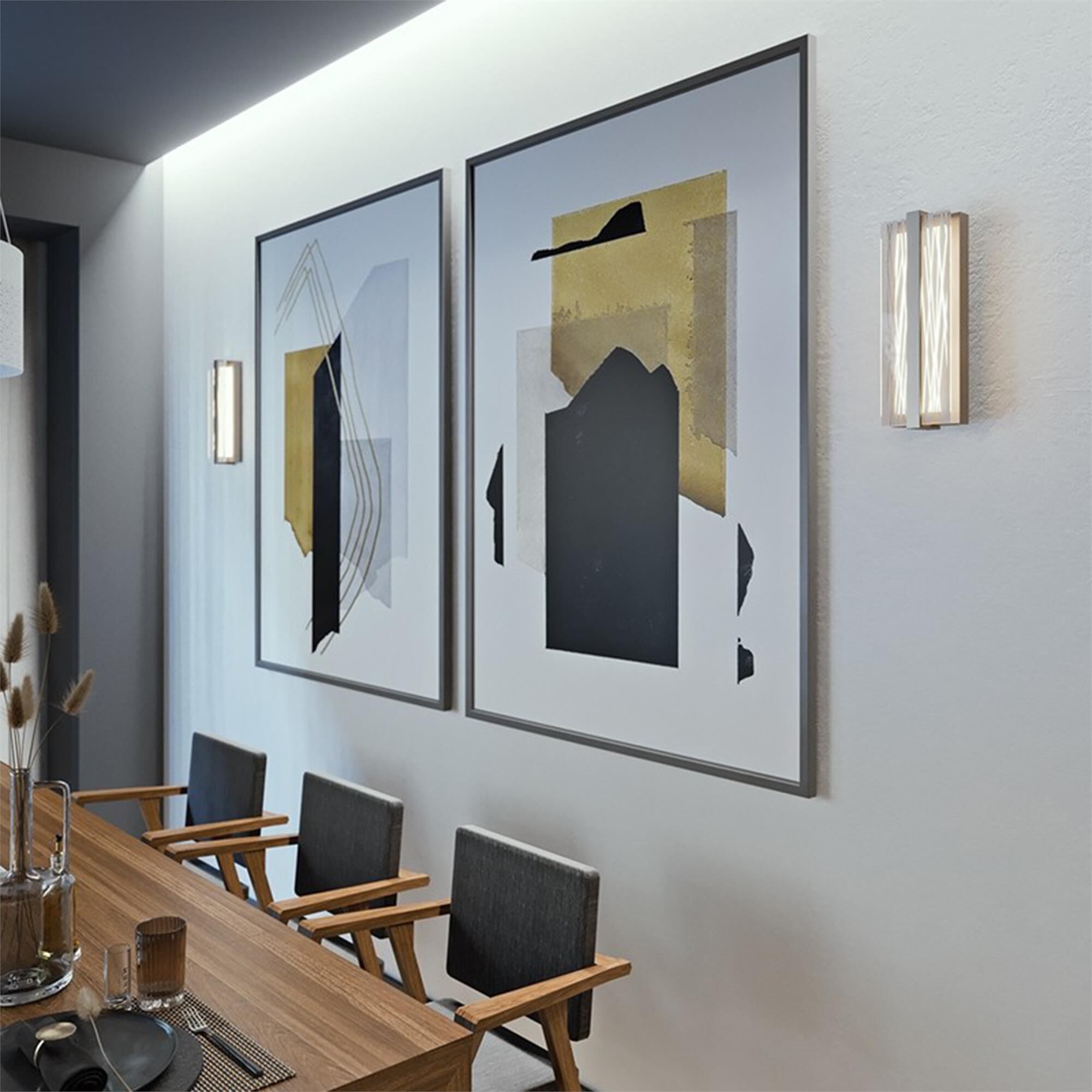 Shown in Satin Nickel finish and Clear Printed glass and 120 Volt Dimmer accent