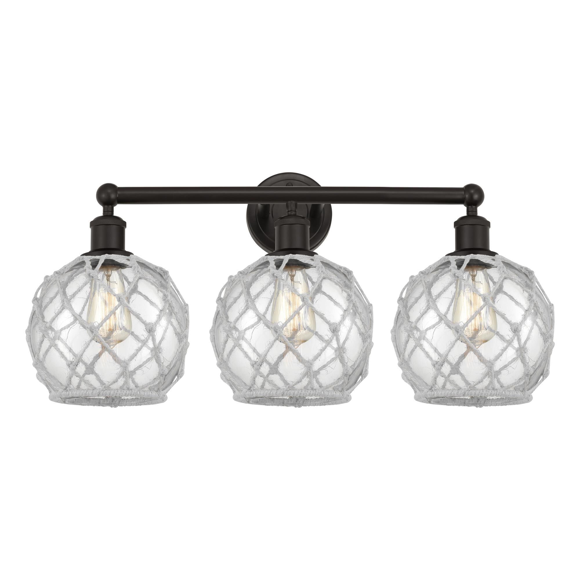 Shown in Oil Rubbed Bronze finish and Clear with White Rope glass