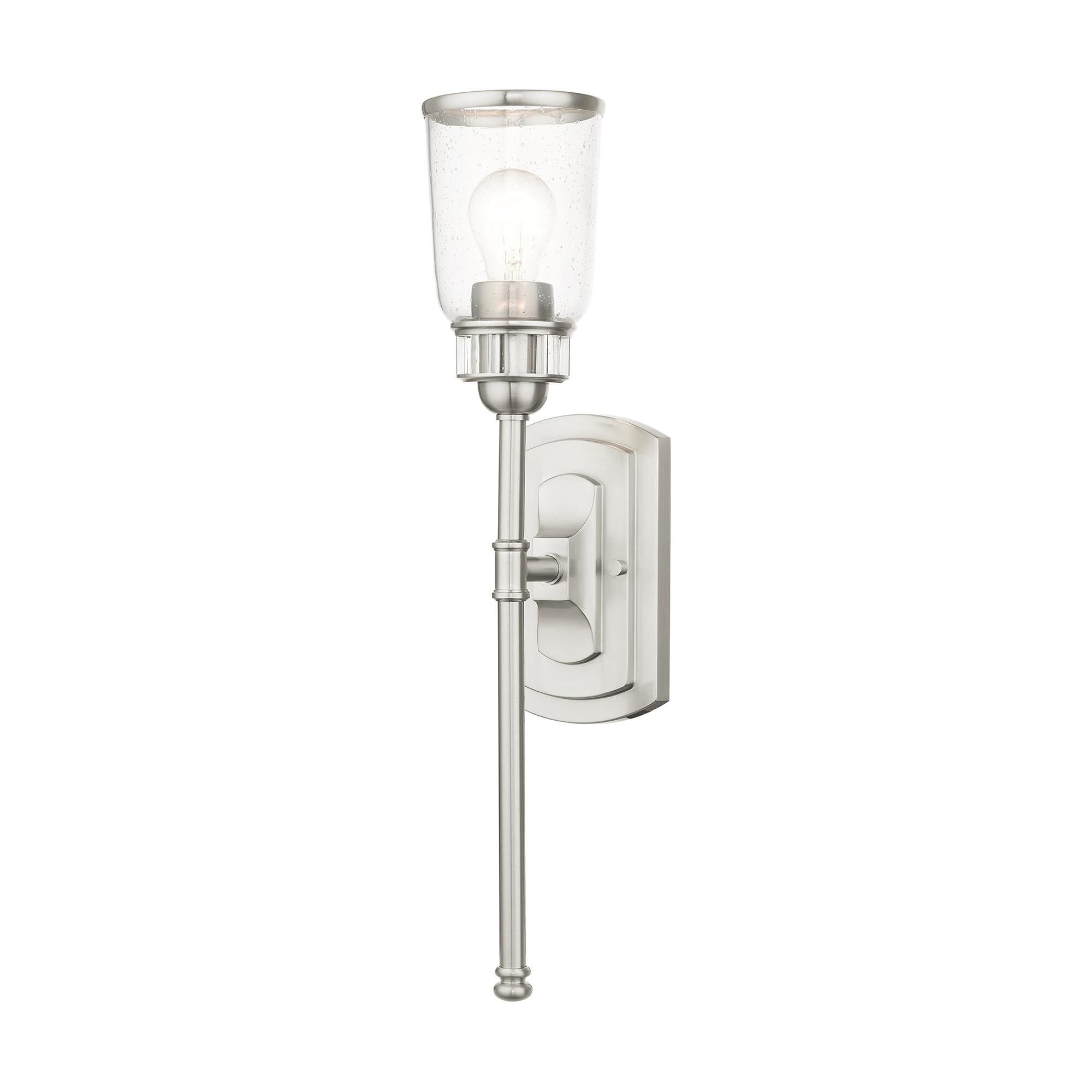 Shown in Brushed Nickel finish and Hand Blown Clear Seeded glass and Hand Blown Clear Seeded Glass shade