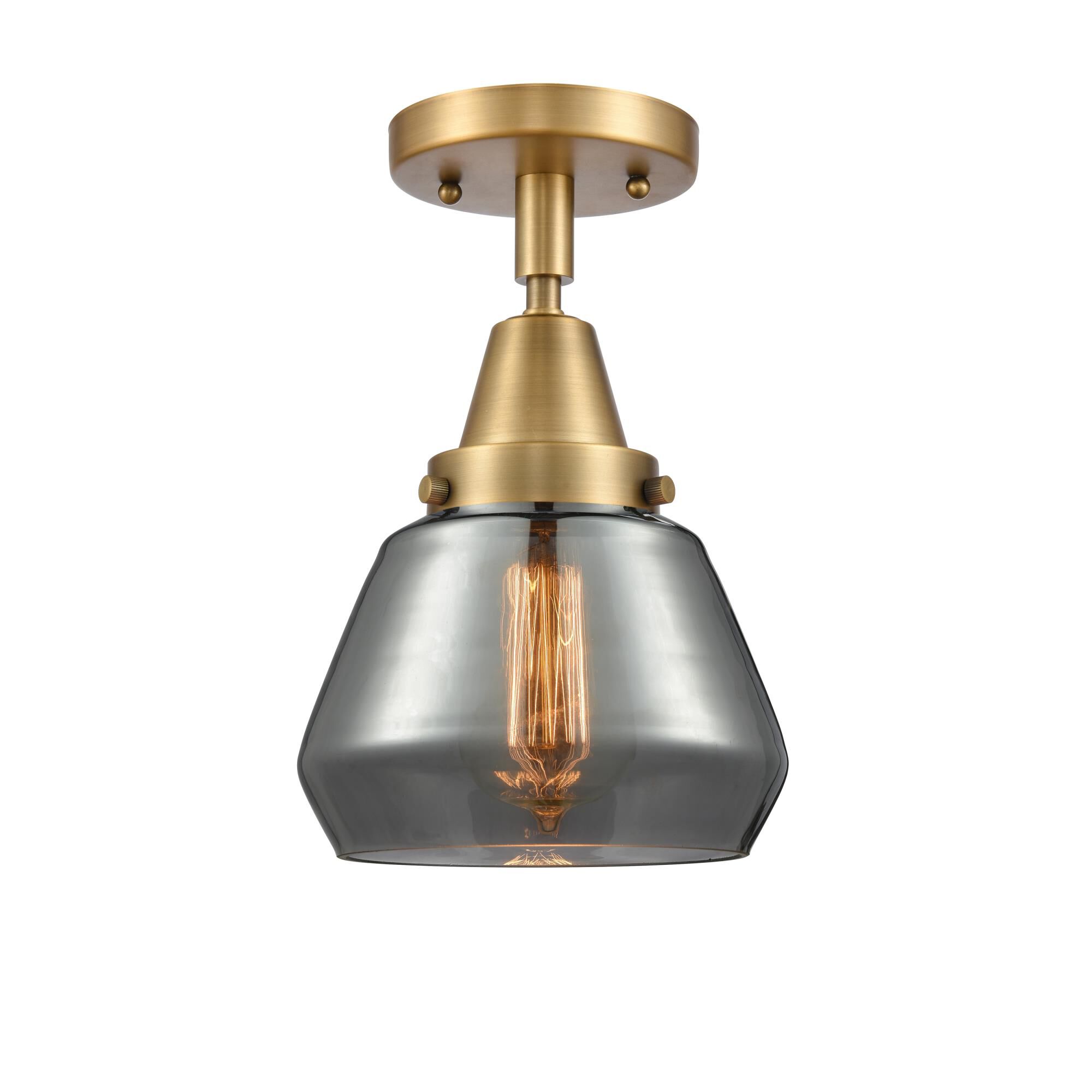 Shown in Brushed Brass finish and Plated Smoke Fulton glass