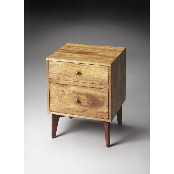Full view of the wooden end table on a gray background.