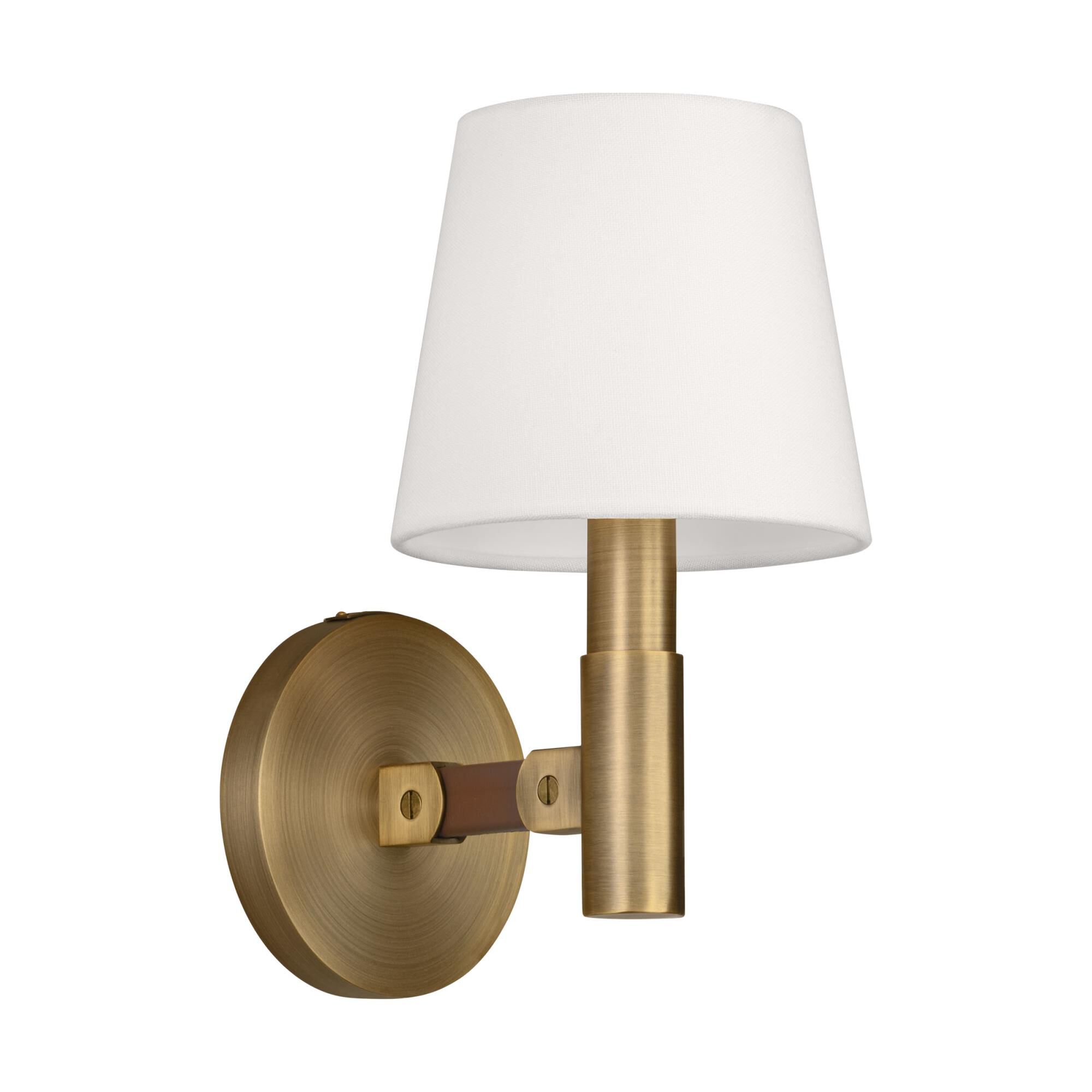 Shown in Time Worn Brass finish and White Linen shade