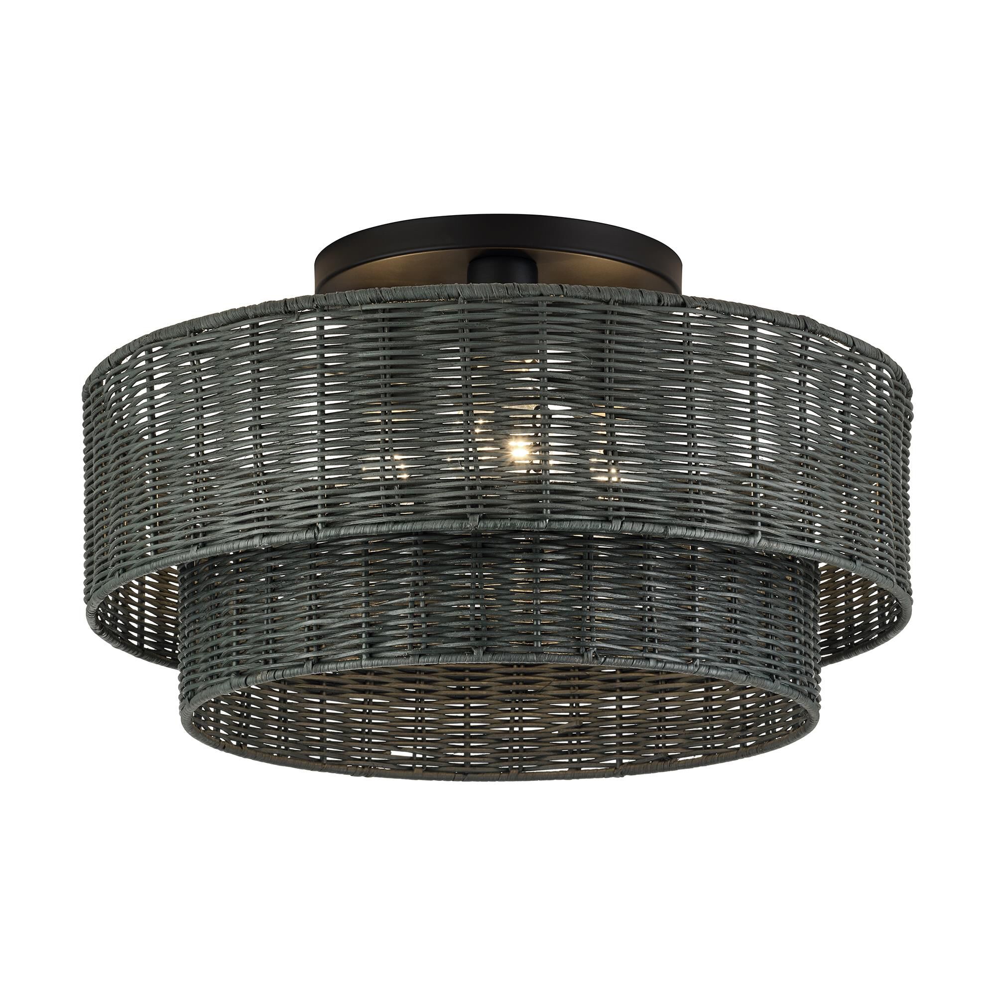 Shown in Black finish and Hand-Woven Charred Gray Color Rattan shade