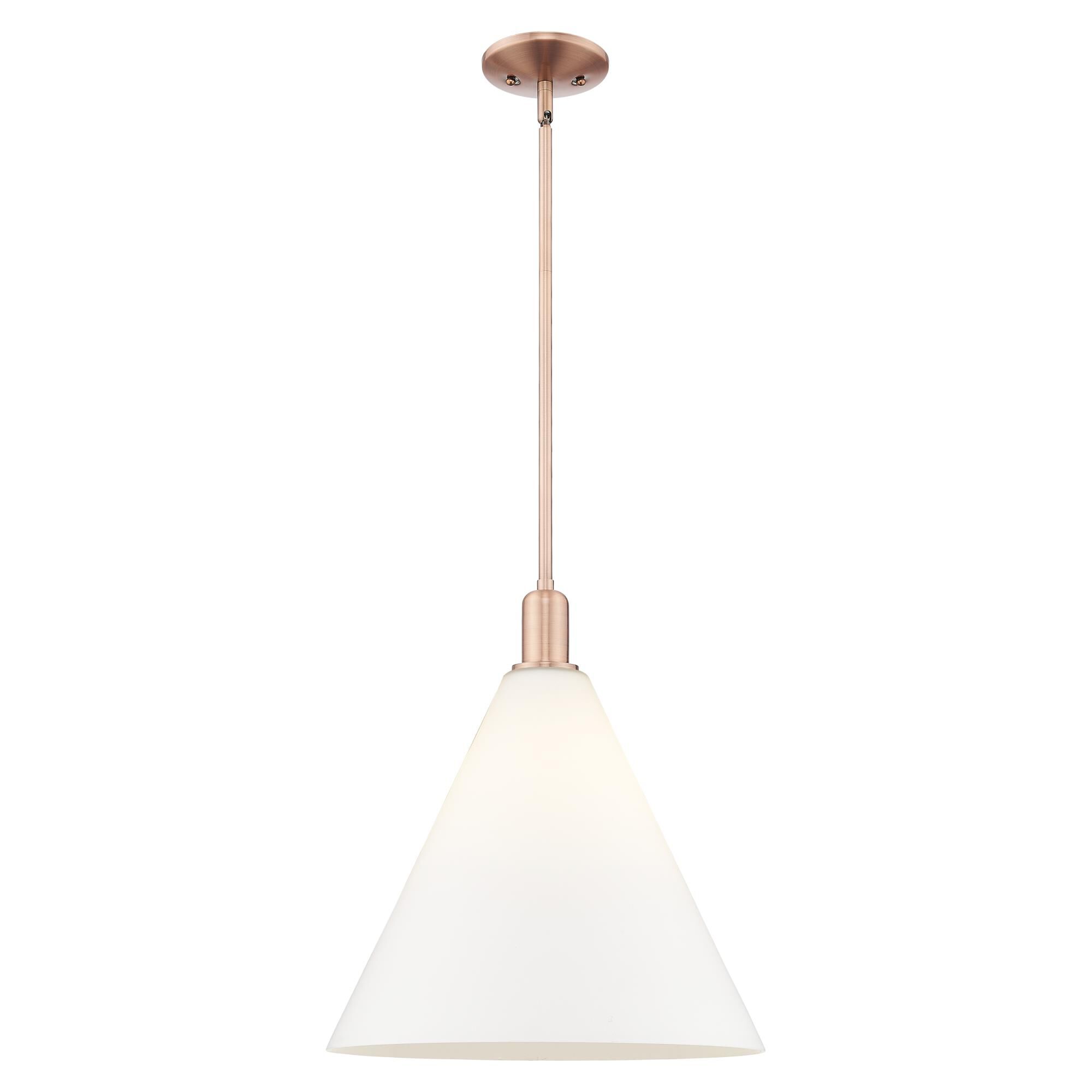 Shown in Antique Copper finish and Matte White glass