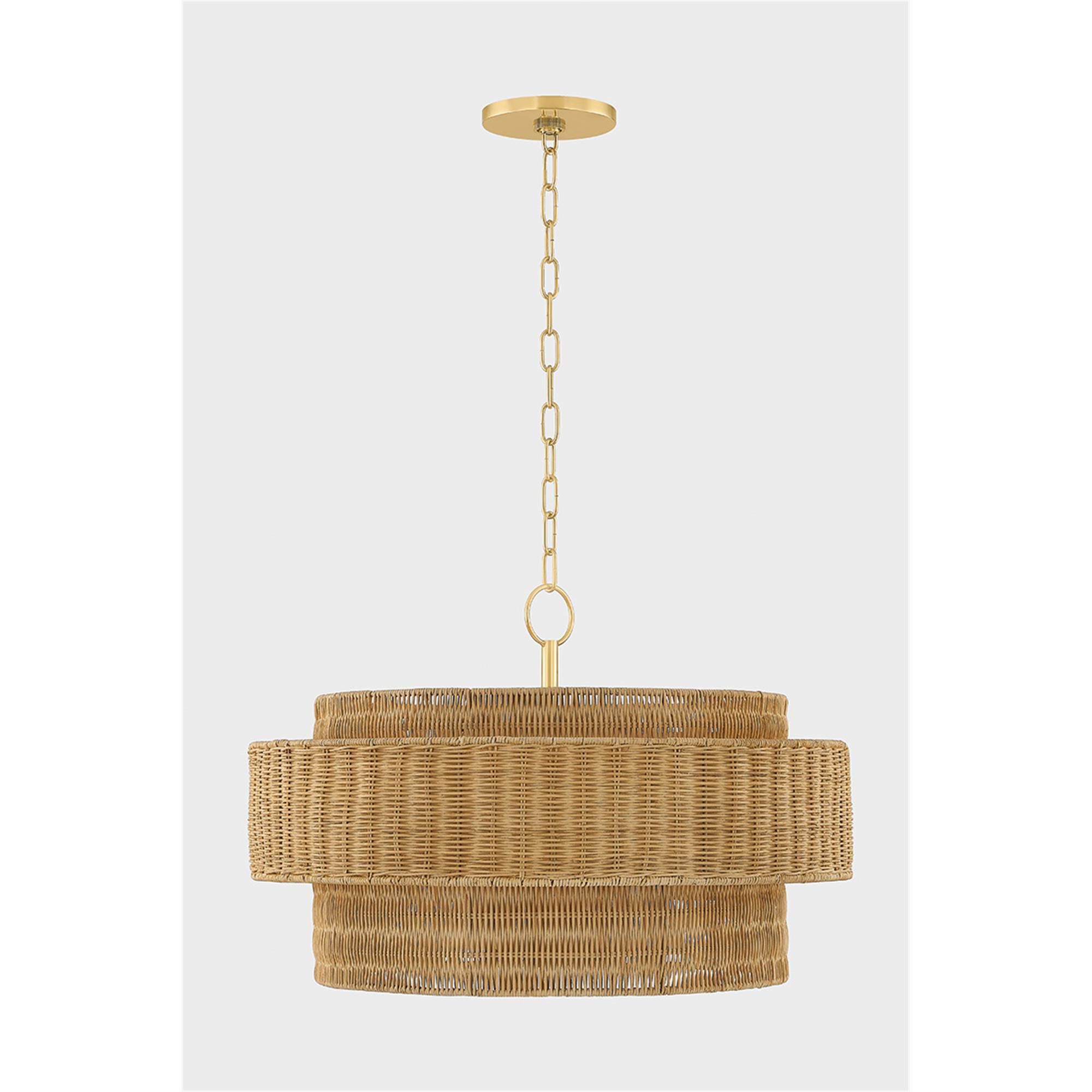 Shown in Aged Brass finish and Light Natural Wicker shade