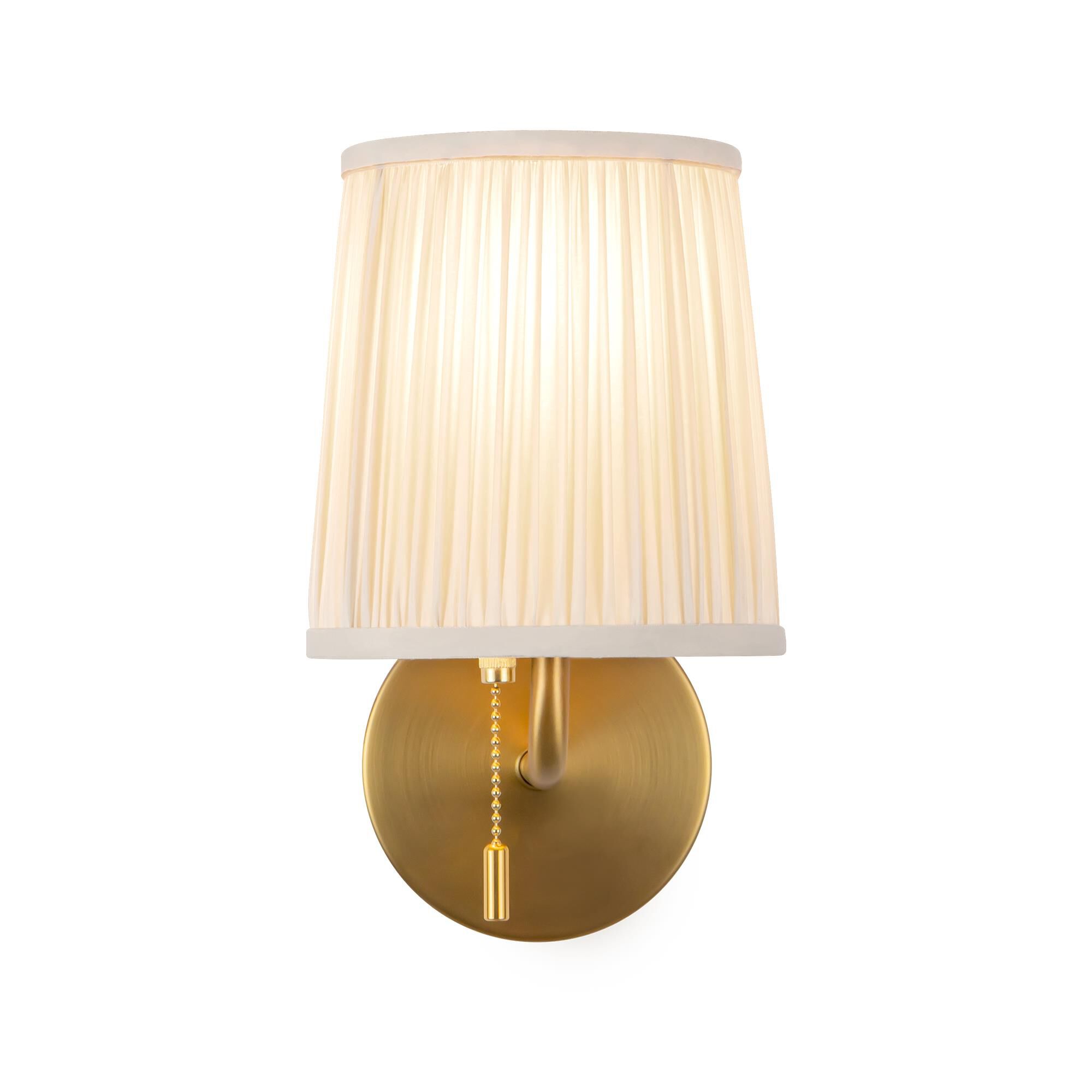 Shown in Brushed Gold finish and White Linen shade